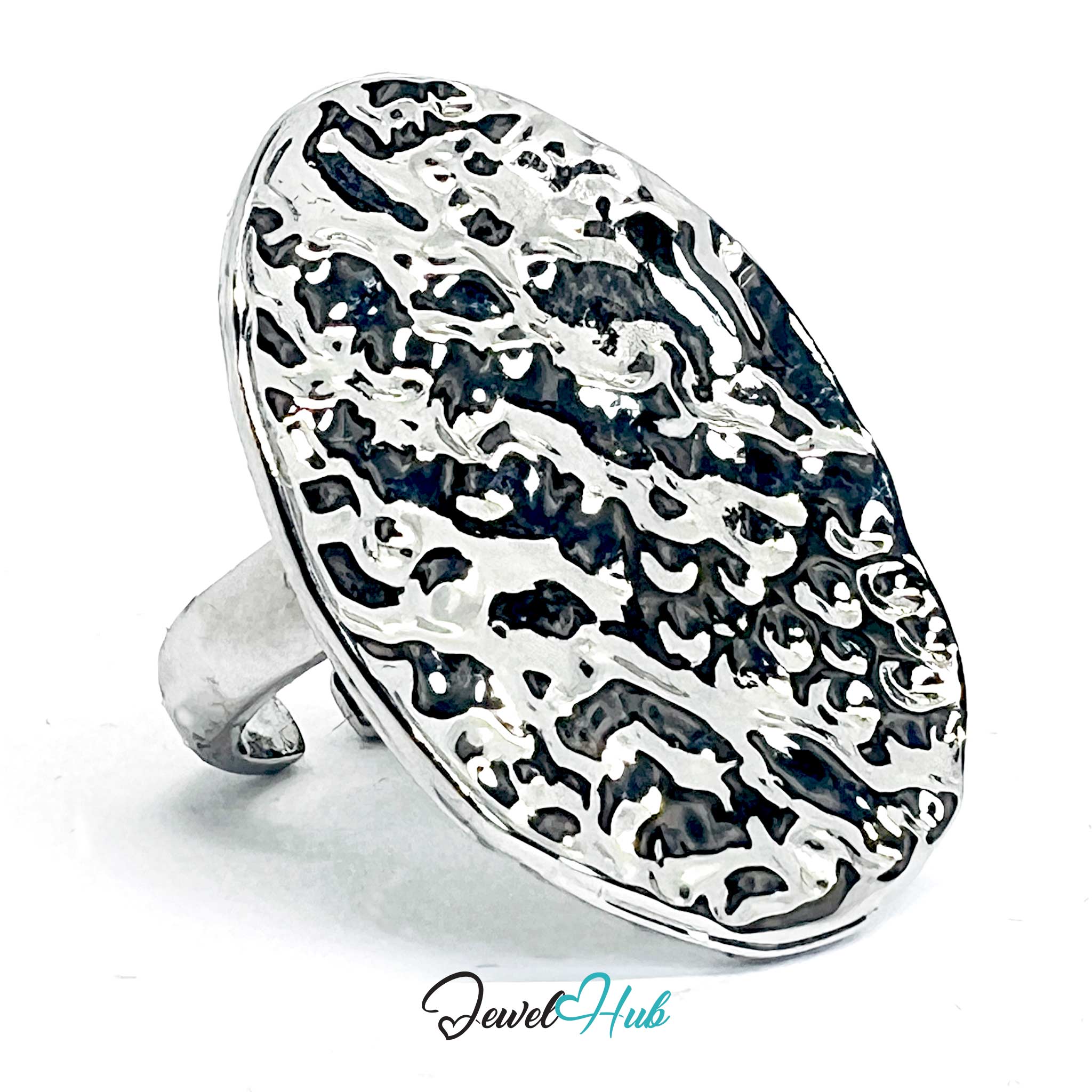 Silver-Plated Crater Oval Zinc Alloy Ring – Sculptural Textured Statement