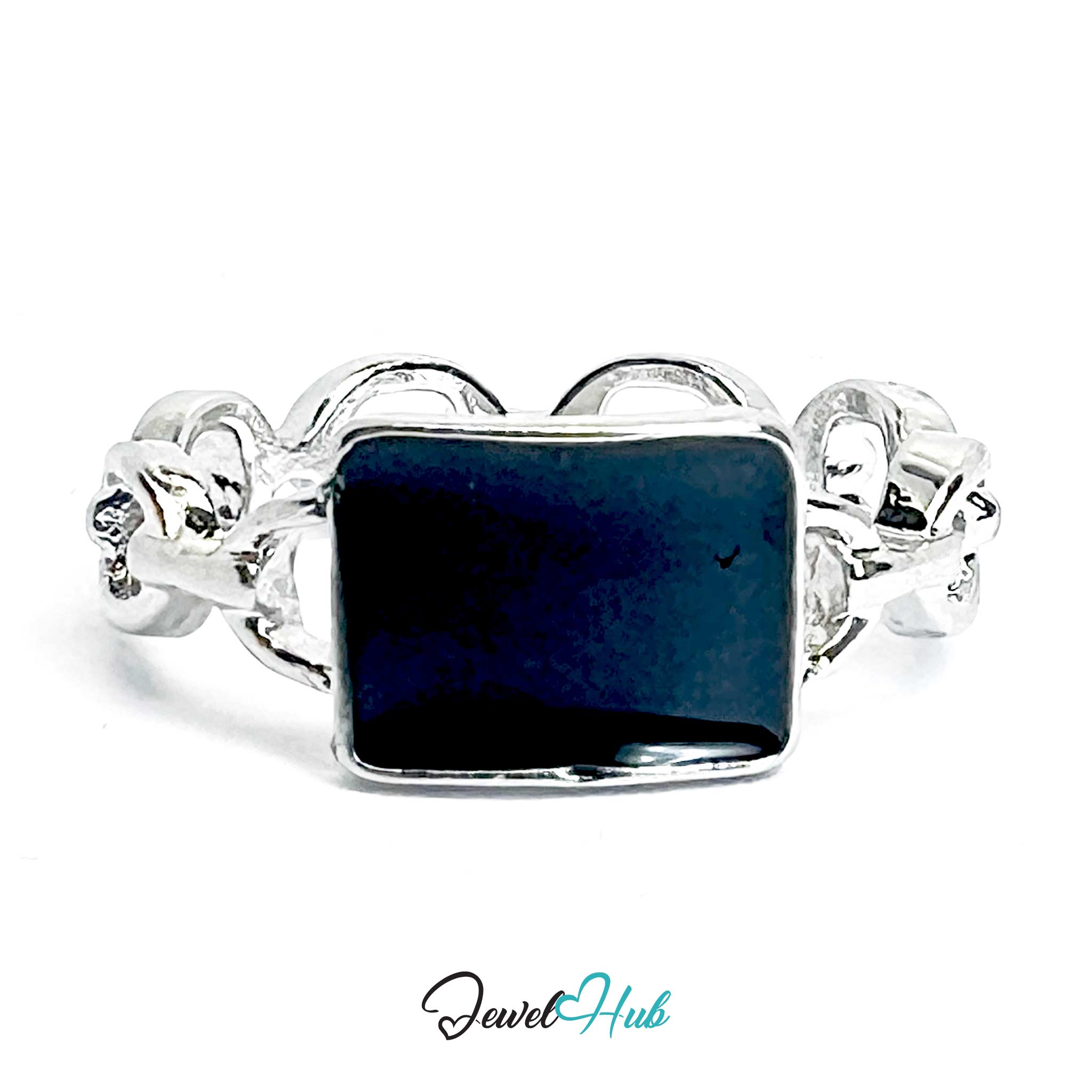 Silver-Plated Chain-Link Zinc Alloy Ring – Synthetic Onyx Statement