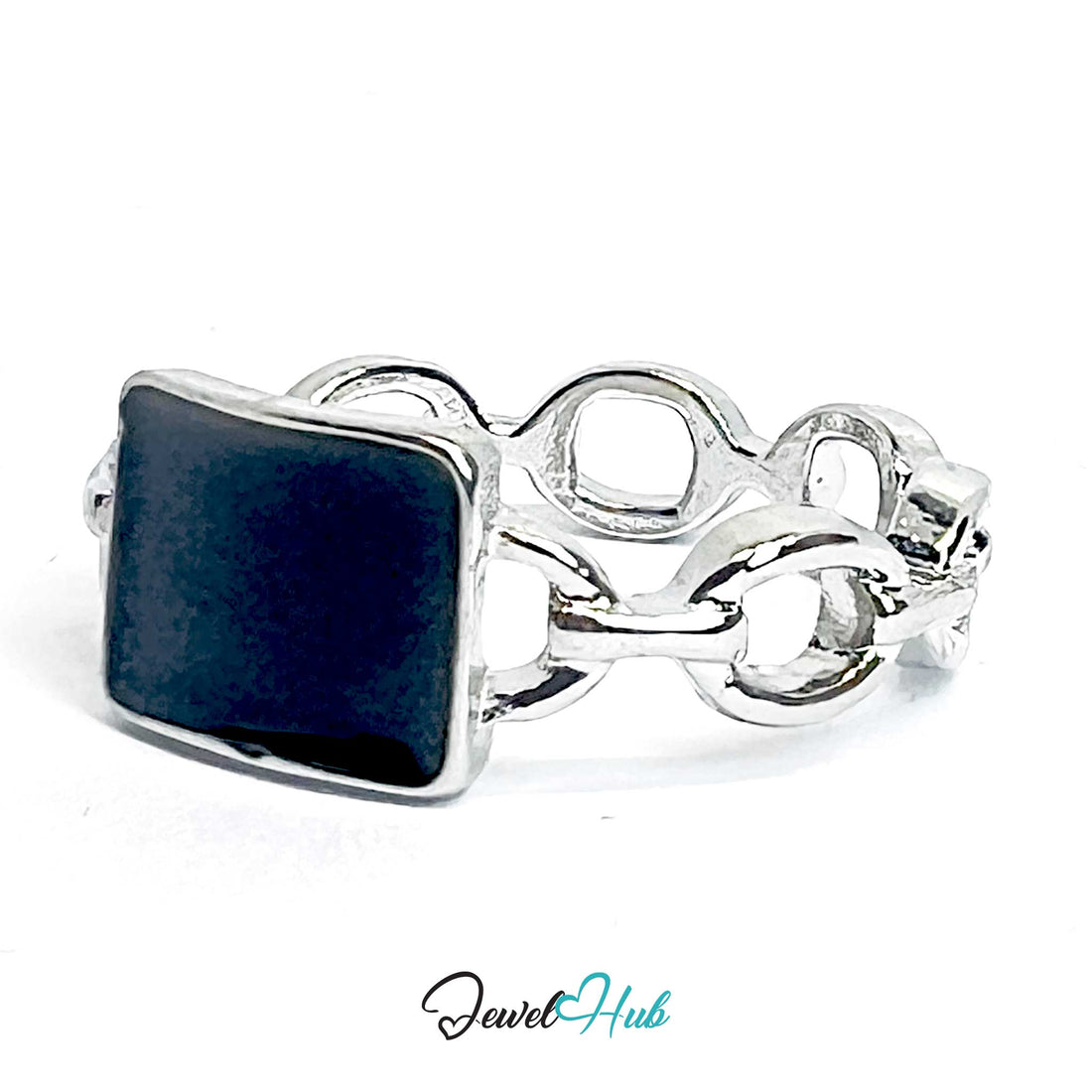 Silver-Plated Chain-Link Zinc Alloy Ring – Synthetic Onyx Statement