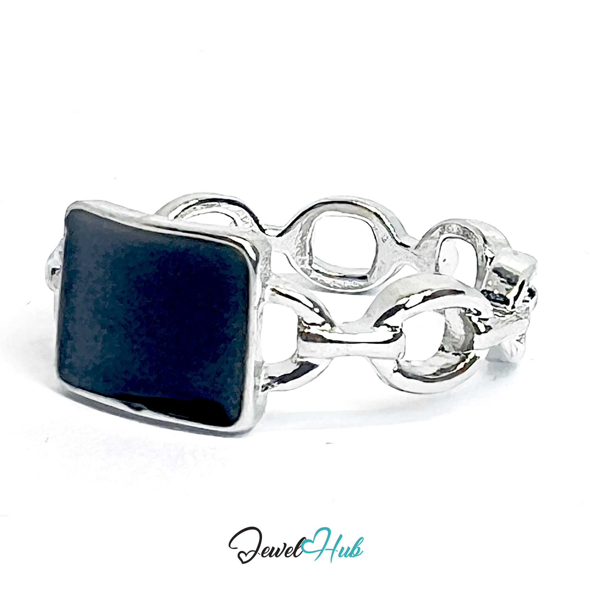 Silver-Plated Chain-Link Zinc Alloy Ring – Synthetic Onyx Statement