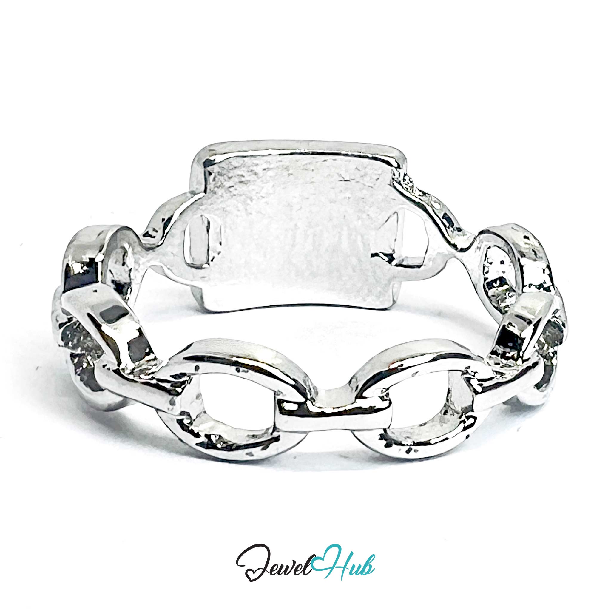 Silver-Plated Chain-Link Zinc Alloy Ring – Synthetic Onyx Statement