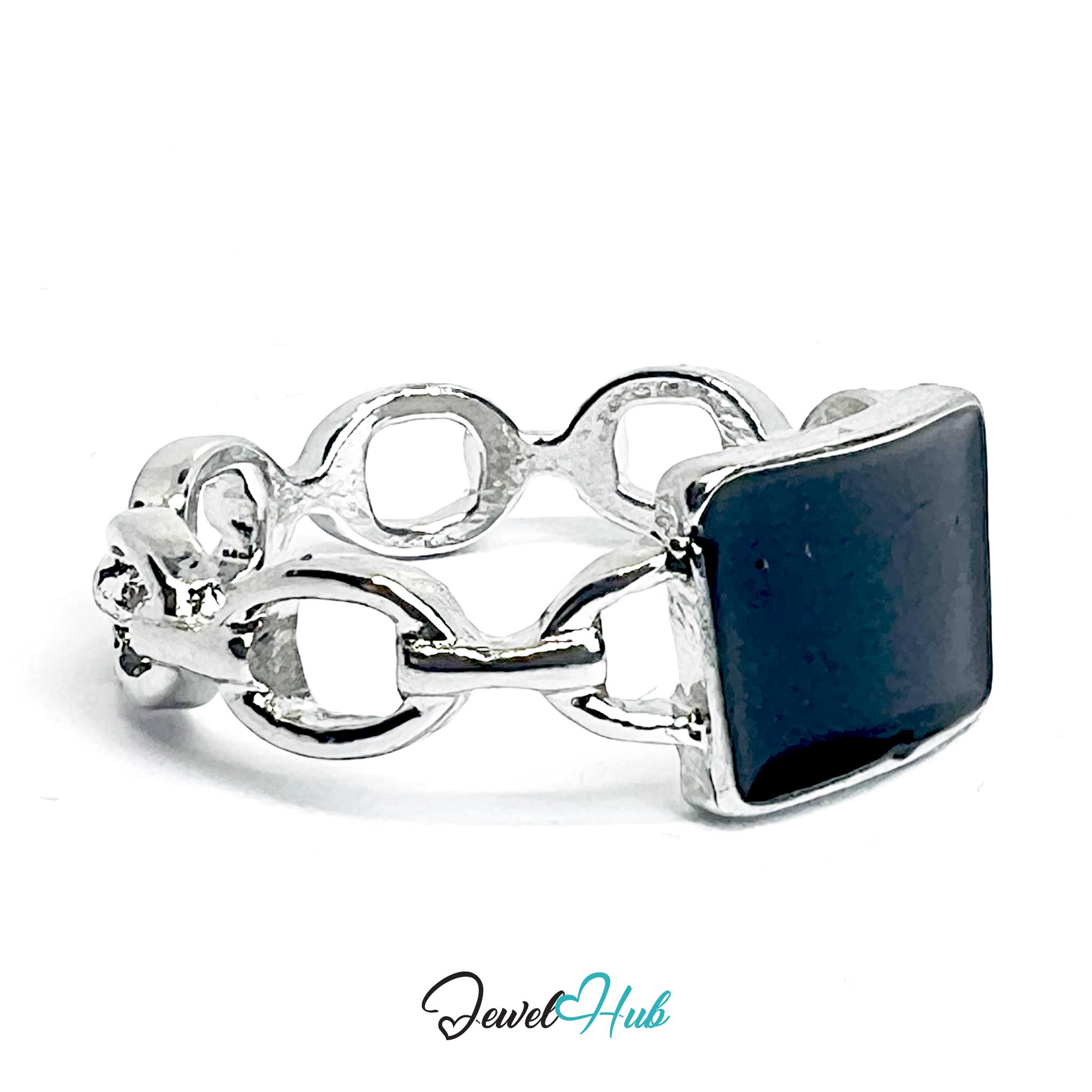 Silver-Plated Chain-Link Zinc Alloy Ring – Synthetic Onyx Statement