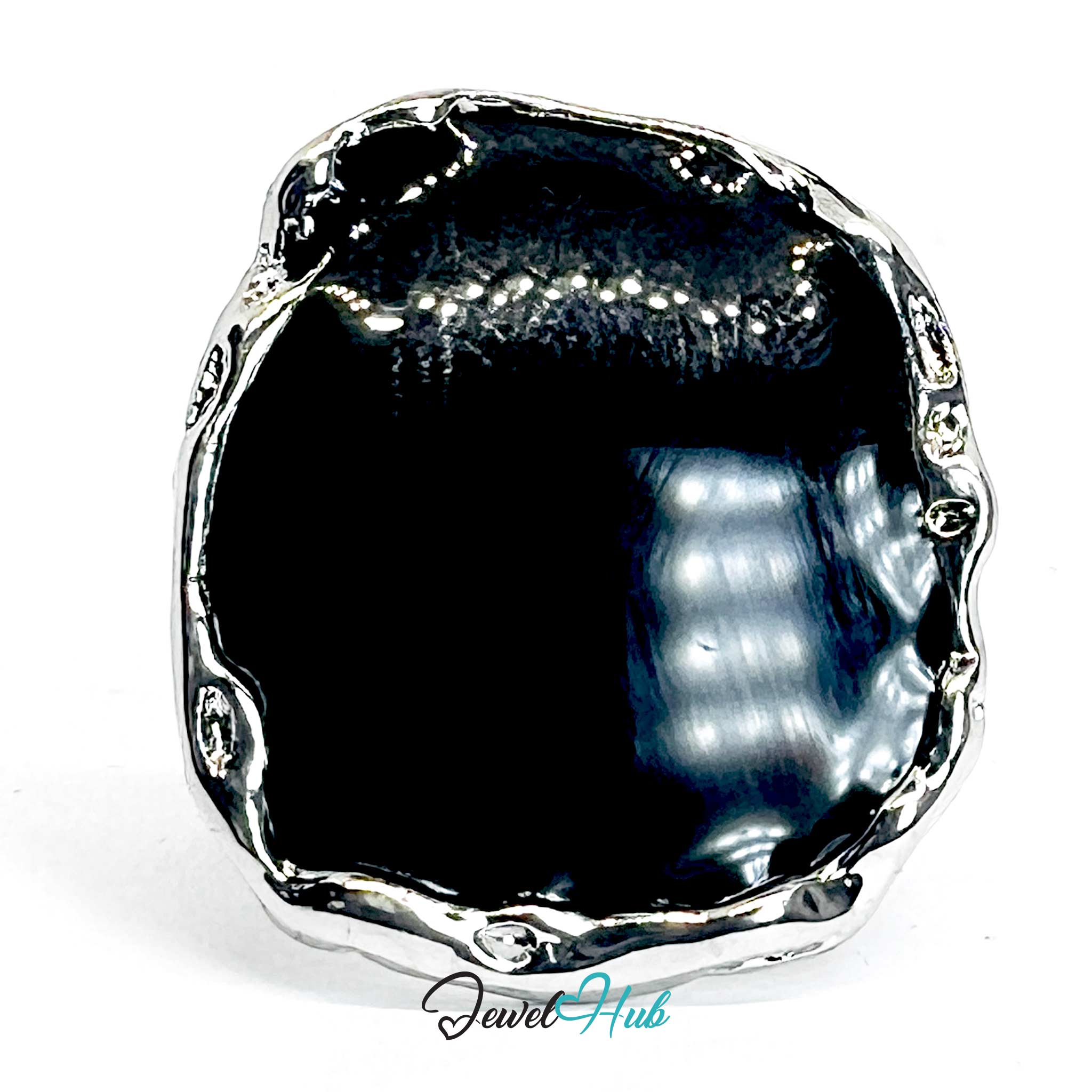 Silver-Plated Black Onyx Ring – Sculptural Geometric Statement