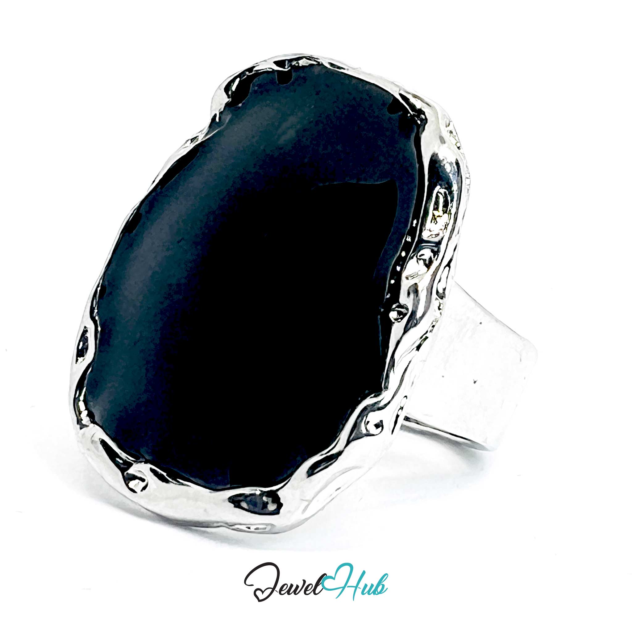 Silver-Plated Black Onyx Ring – Sculptural Geometric Statement