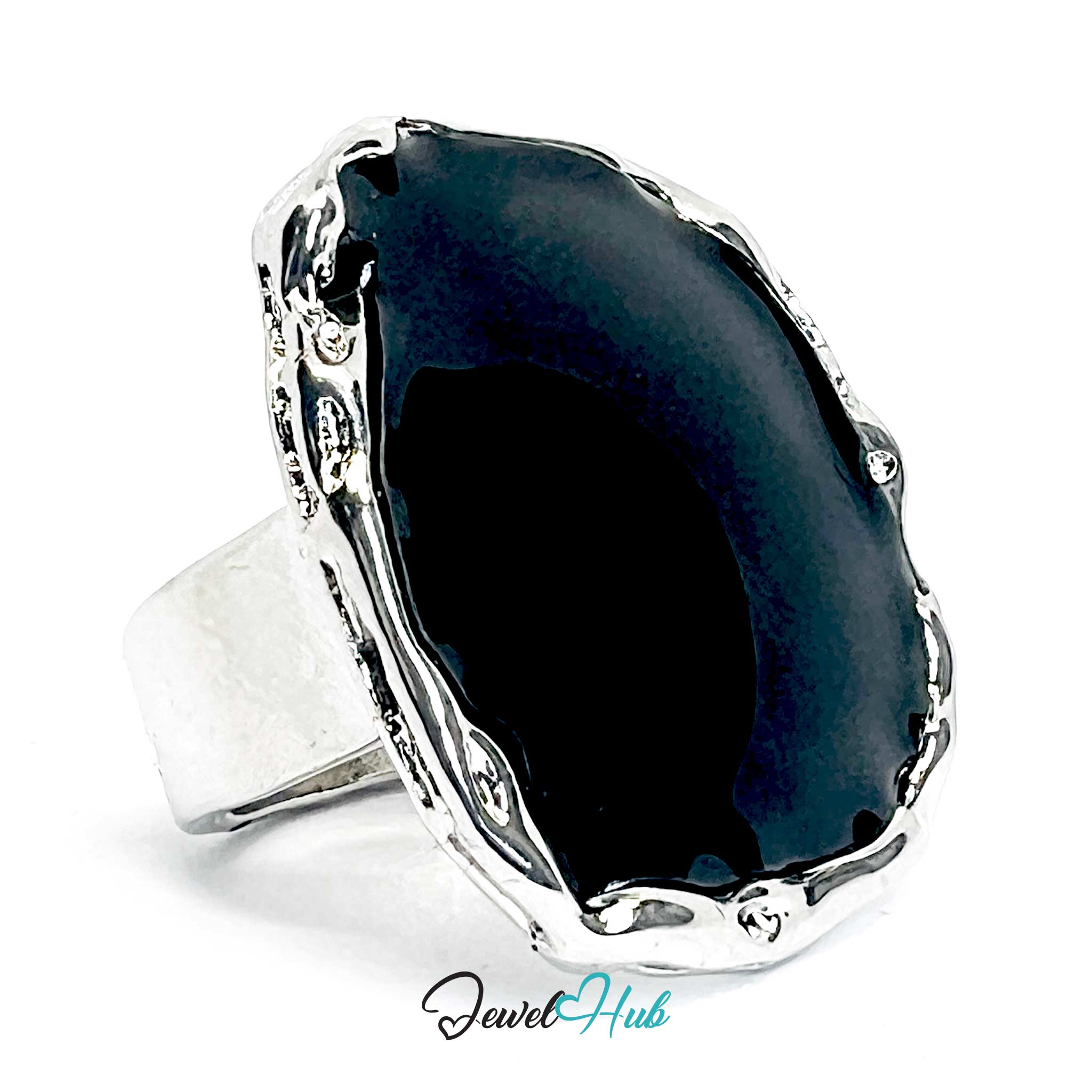 Silver-Plated Black Onyx Ring – Sculptural Geometric Statement