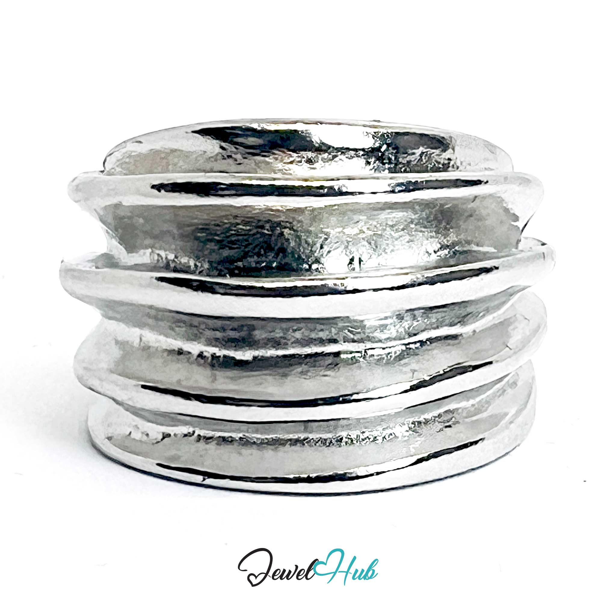 Silver-Plated Zinc Alloy Layered Ridge Ring – Bold Sculptural Band