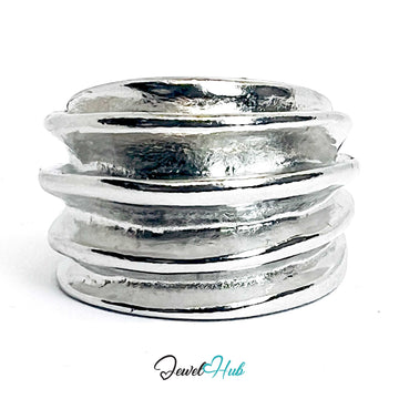 Silver-Plated Zinc Alloy Layered Ridge Ring – Bold Sculptural Band