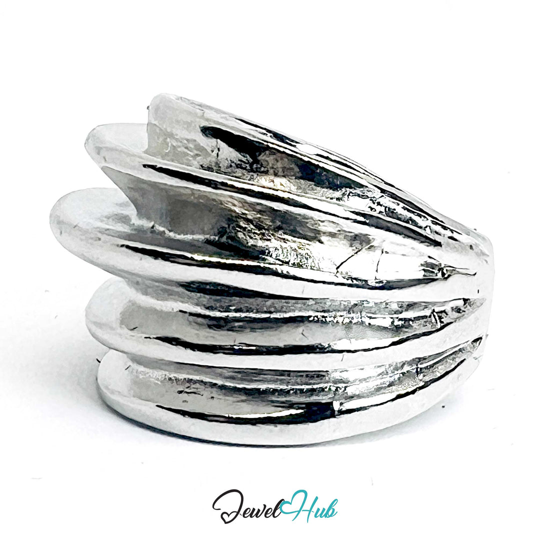 Silver-Plated Zinc Alloy Layered Ridge Ring – Bold Sculptural Band