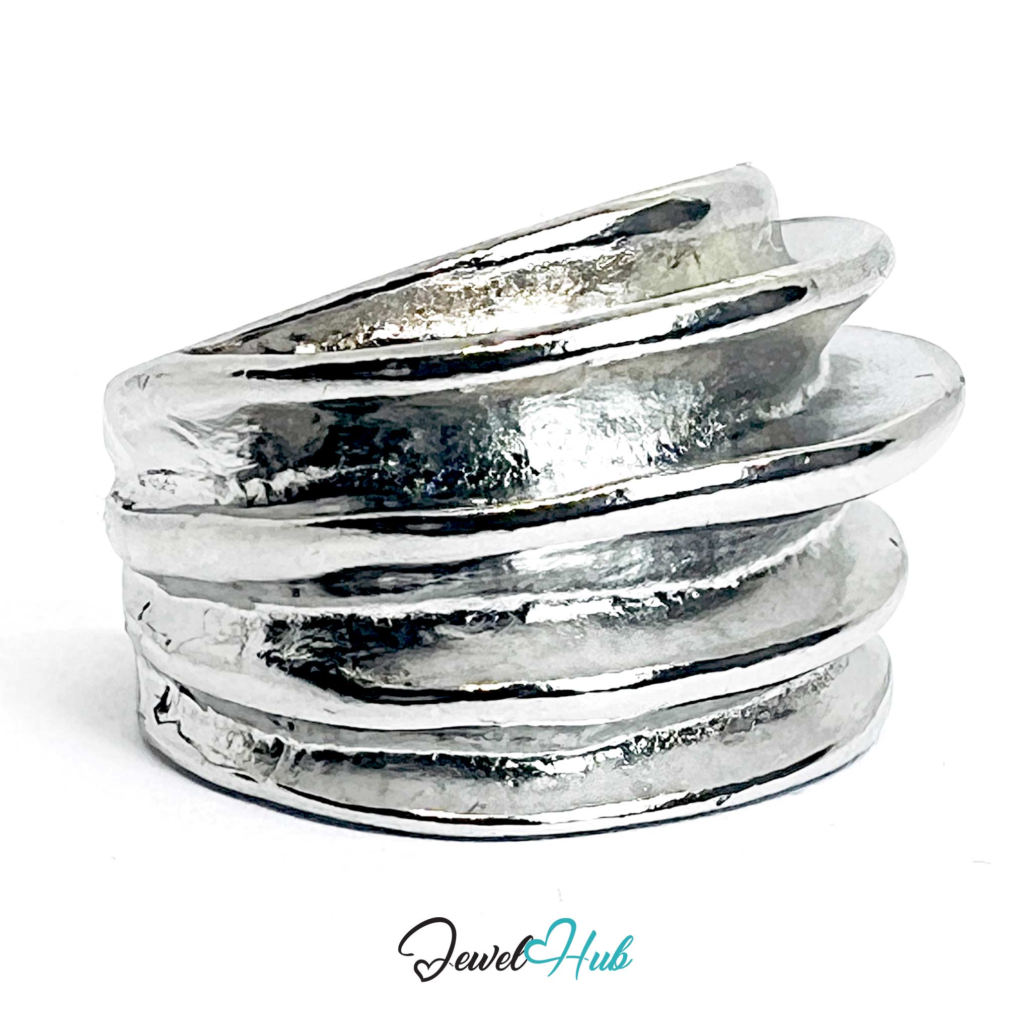 Silver-Plated Zinc Alloy Layered Ridge Ring – Bold Sculptural Band