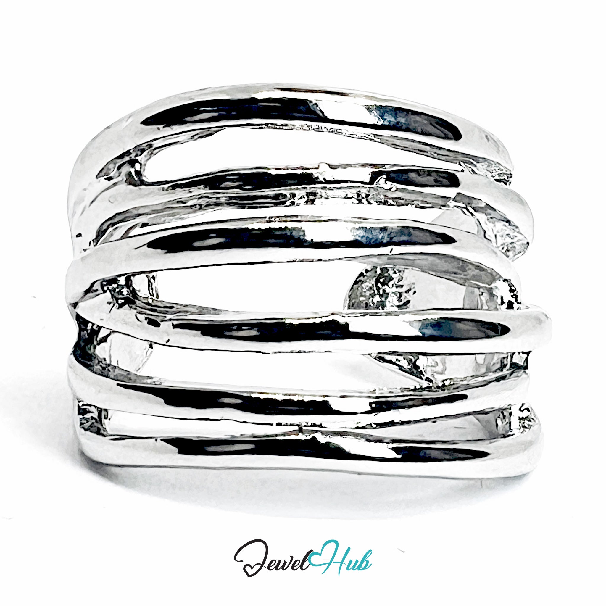 Silver-Plated Zinc Alloy Layered Hammered Ring – Sculptural Textured Band