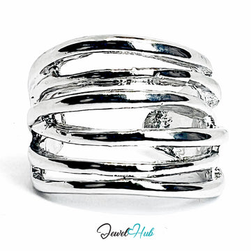 Silver-Plated Zinc Alloy Layered Hammered Ring – Sculptural Textured Band