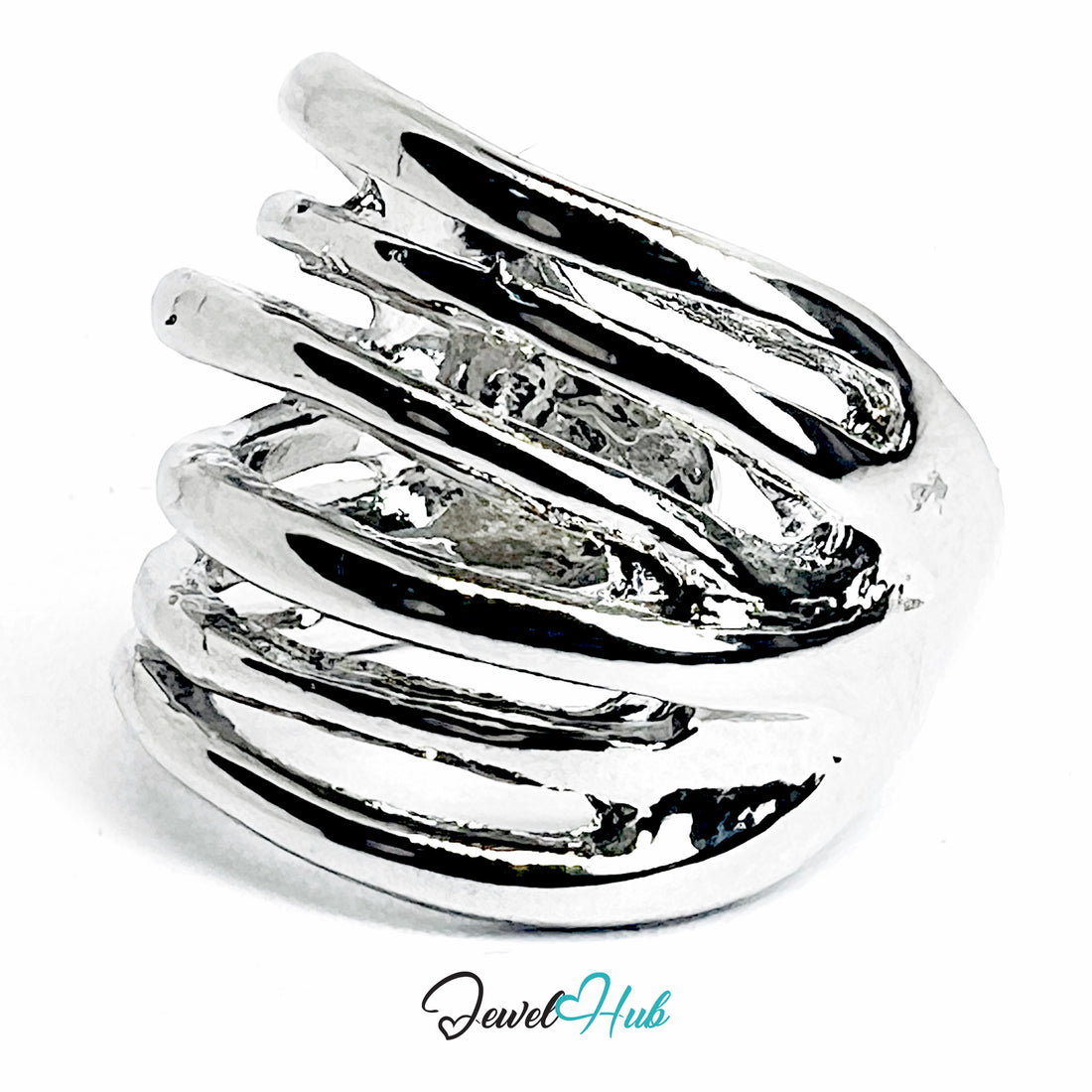 Silver-Plated Zinc Alloy Layered Hammered Ring – Sculptural Textured Band