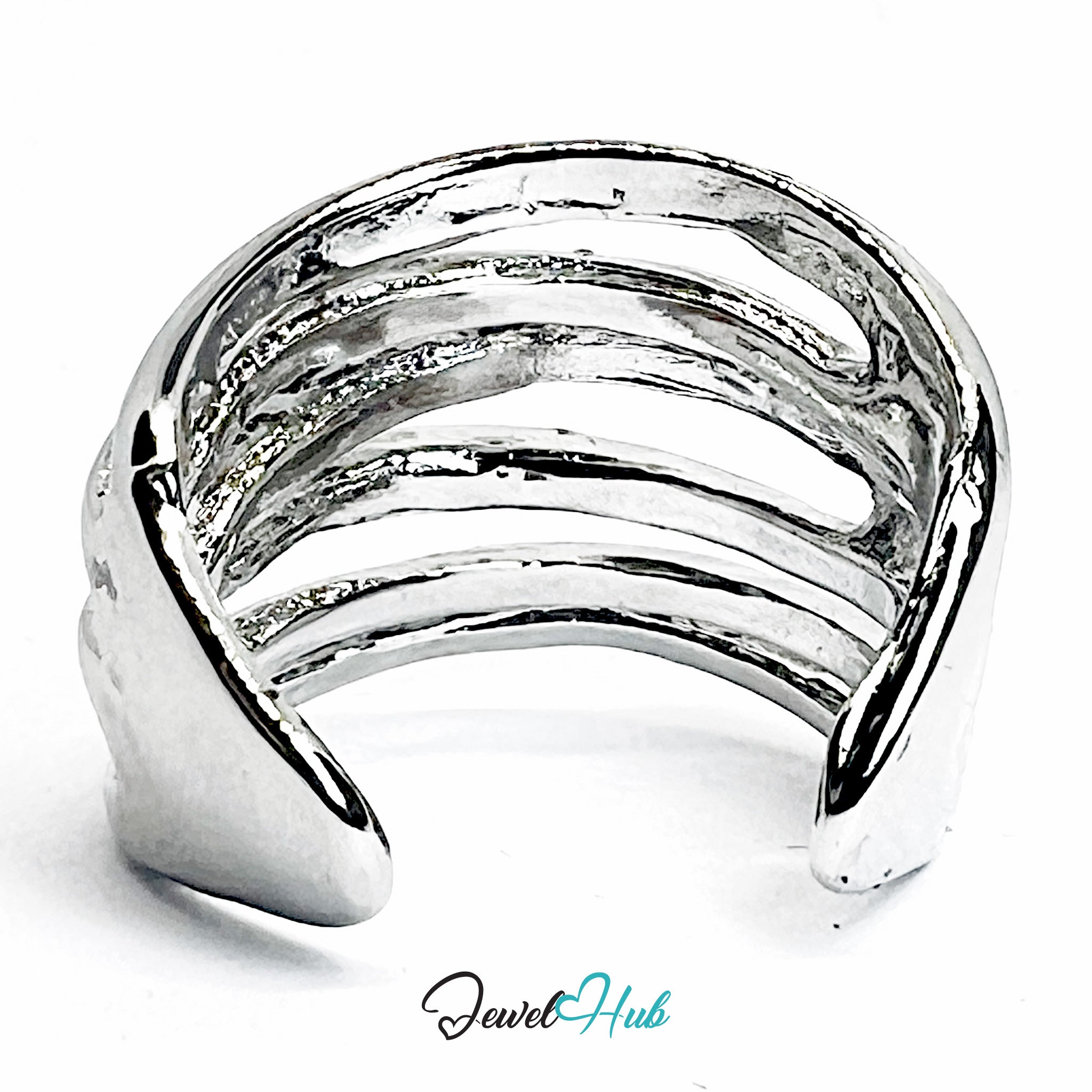 Silver-Plated Zinc Alloy Layered Hammered Ring – Sculptural Textured Band