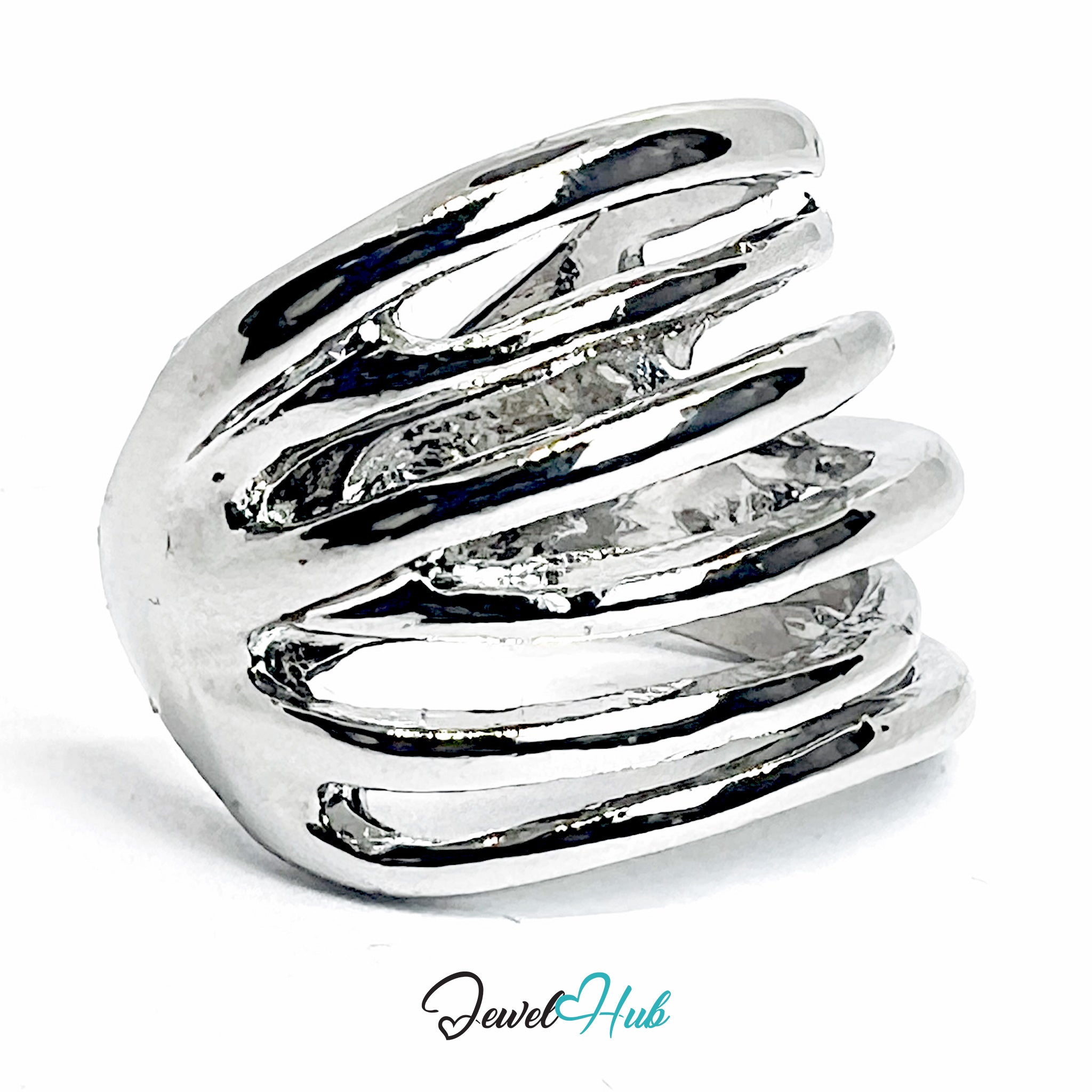 Silver-Plated Zinc Alloy Layered Hammered Ring – Sculptural Textured Band