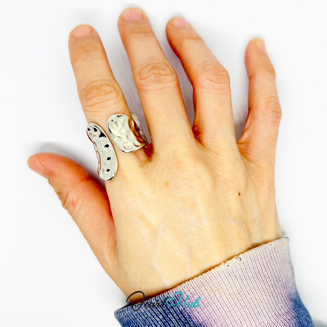 Silver-Plated Zinc Alloy Sculptural Hammered Ring – Organic Minimalism