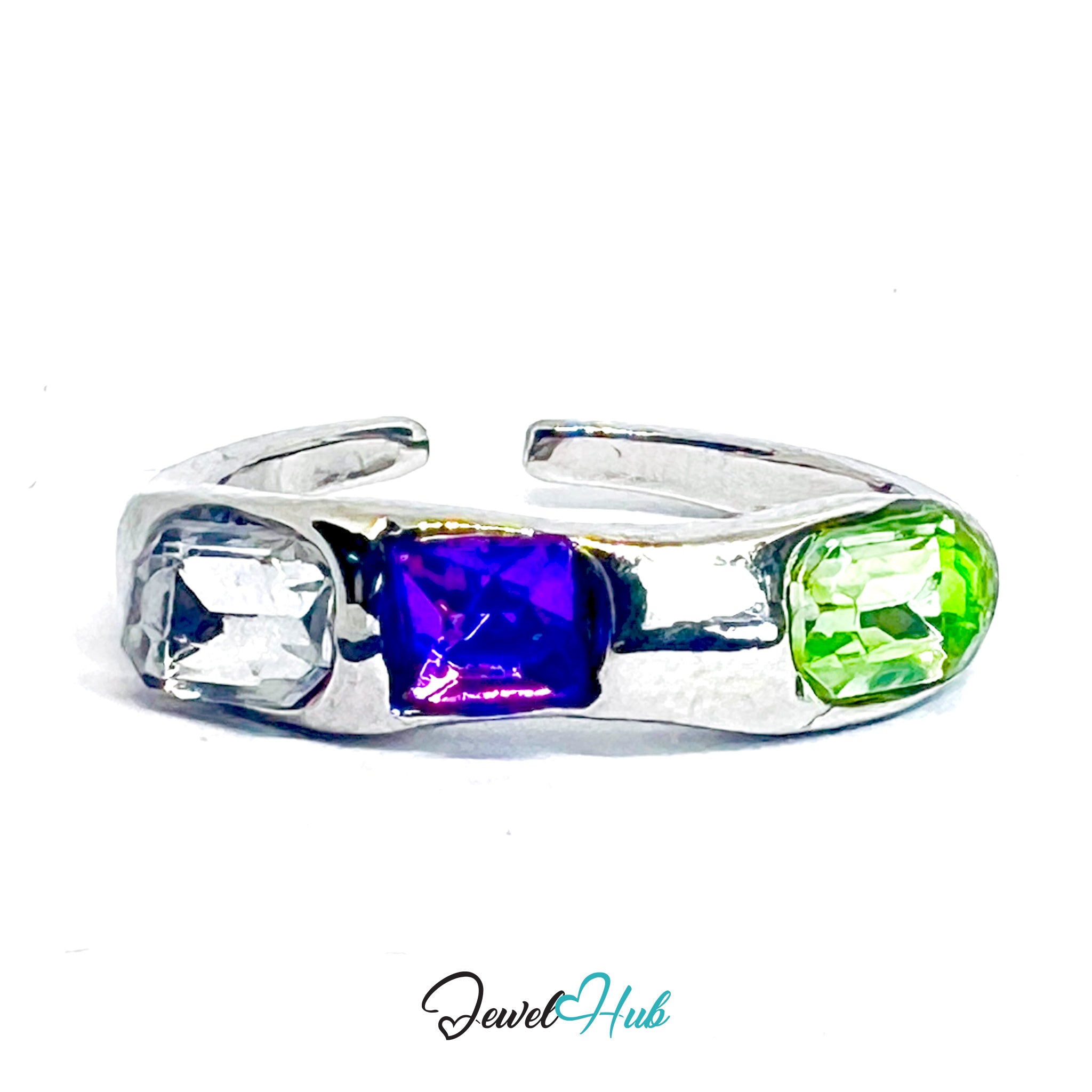 Silver‑Plated Triple Gem Band Zinc Alloy Ring – White Purple Green Stones