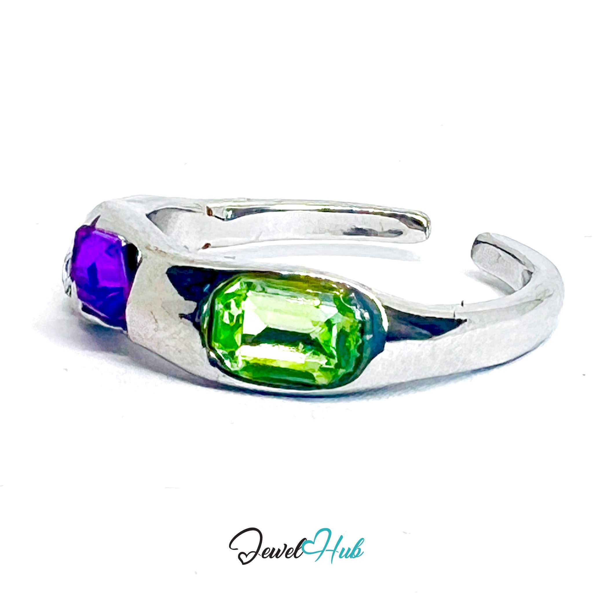 Silver‑Plated Triple Gem Band Zinc Alloy Ring – White Purple Green Stones