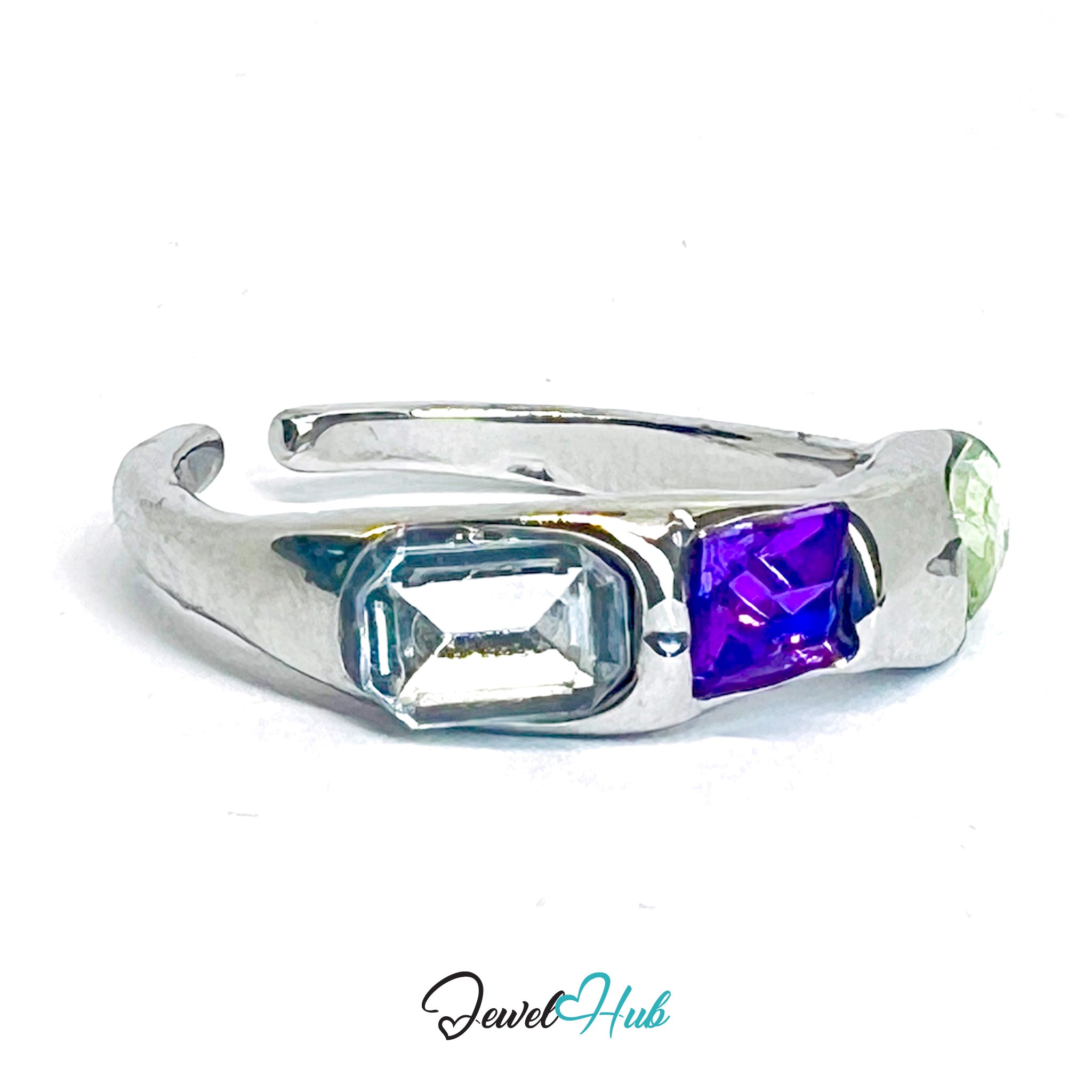 Silver‑Plated Triple Gem Band Zinc Alloy Ring – White Purple Green Stones