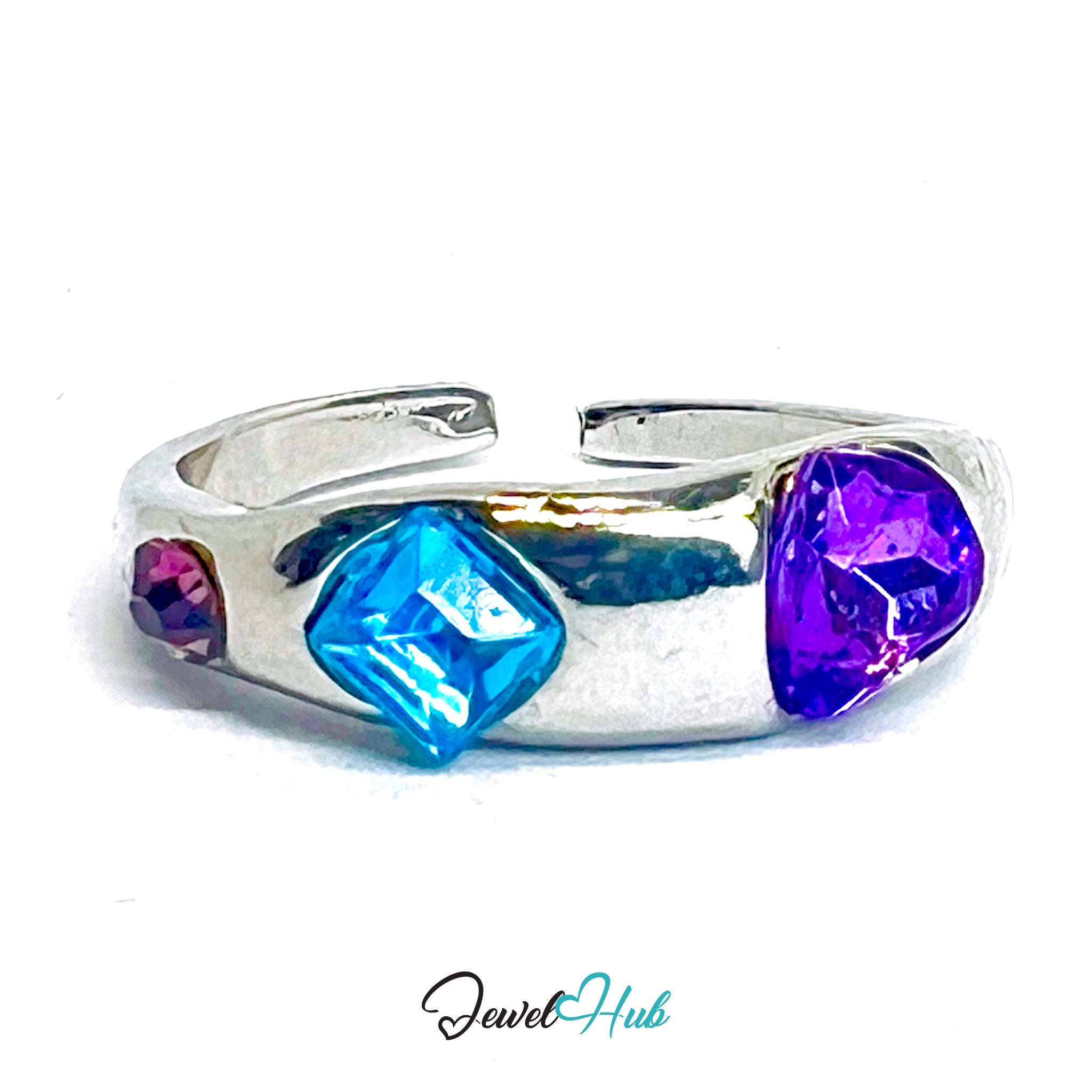 Zinc Alloy Silver‑Plated Gem Band Ring – Pink Aqua Amethyst
