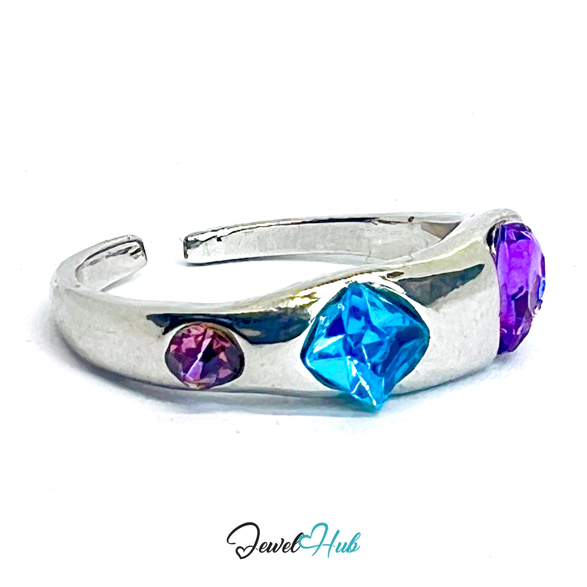 Zinc Alloy Silver‑Plated Gem Band Ring – Pink Aqua Amethyst