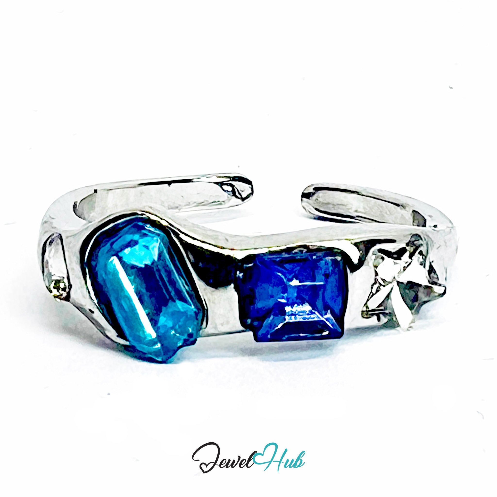 Zinc Alloy Silver‑Plated Star Gem Band Ring – Aqua & Sapphire