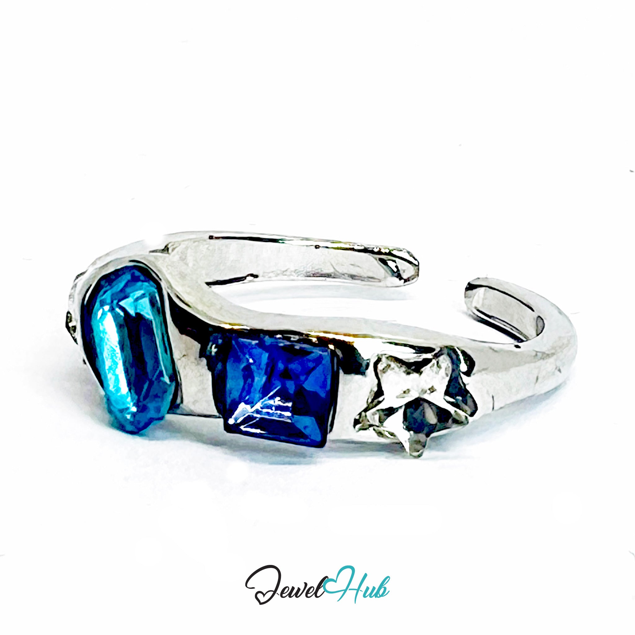 Zinc Alloy Silver‑Plated Star Gem Band Ring – Aqua & Sapphire