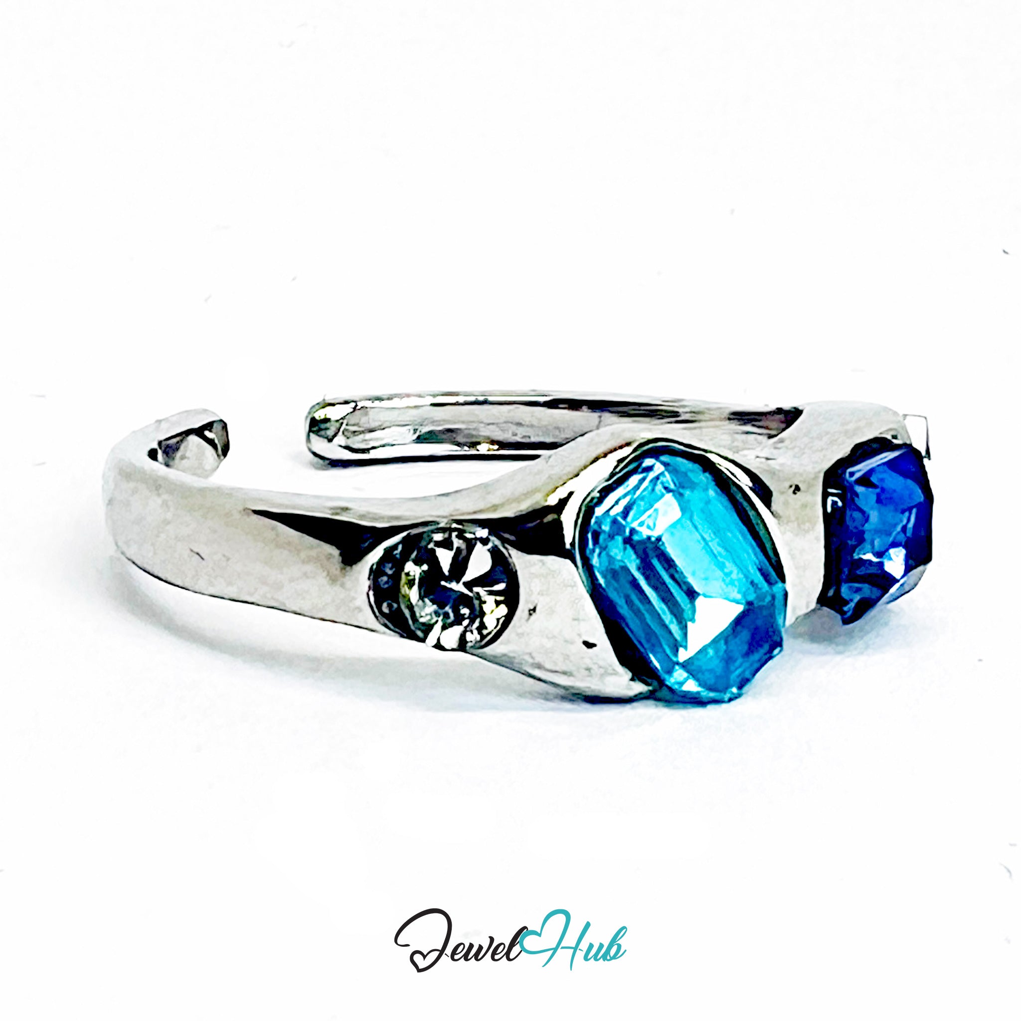 Zinc Alloy Silver‑Plated Star Gem Band Ring – Aqua & Sapphire