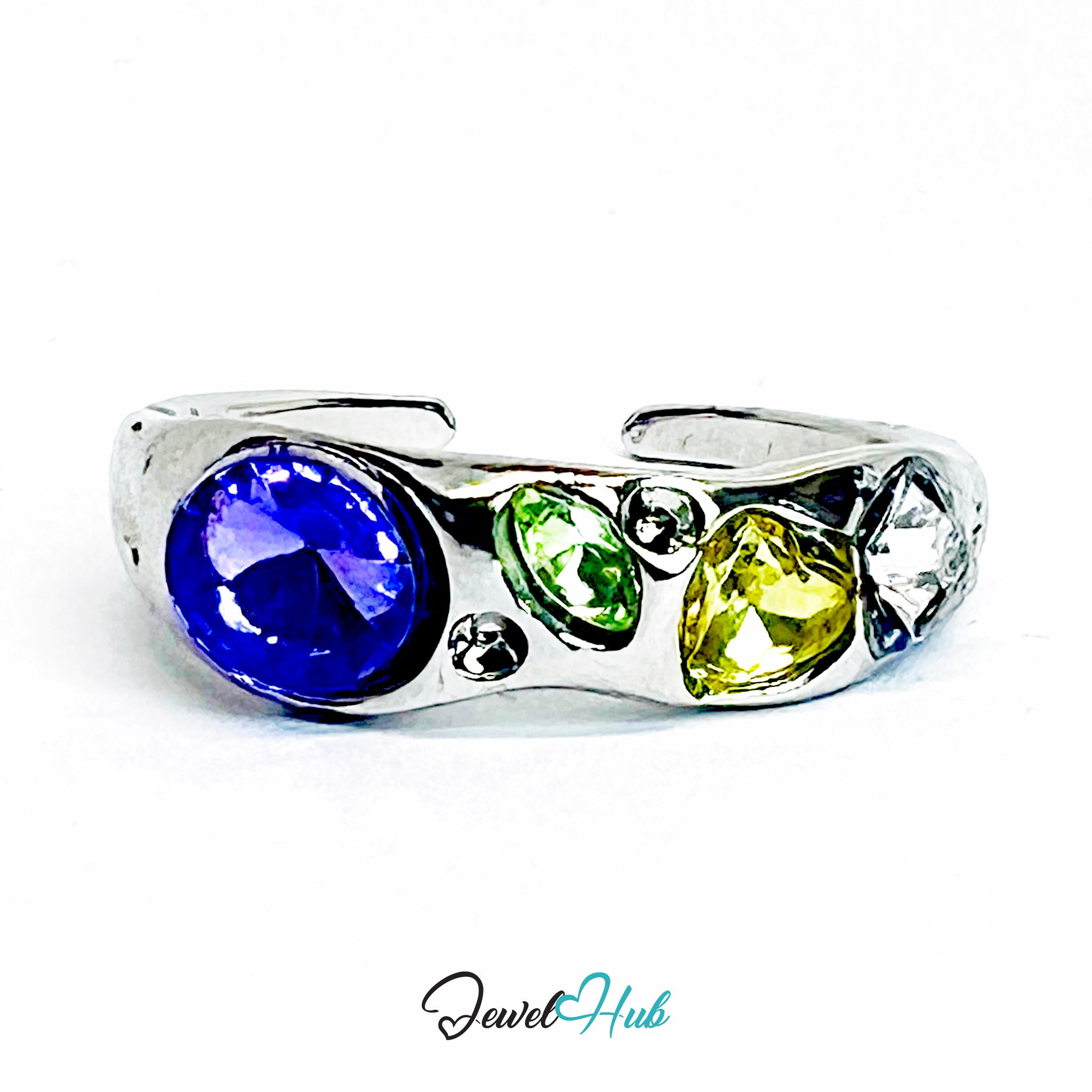 Zinc Alloy Silver‑Plated Crystal Cluster Ring – Purple, Green & Yellow