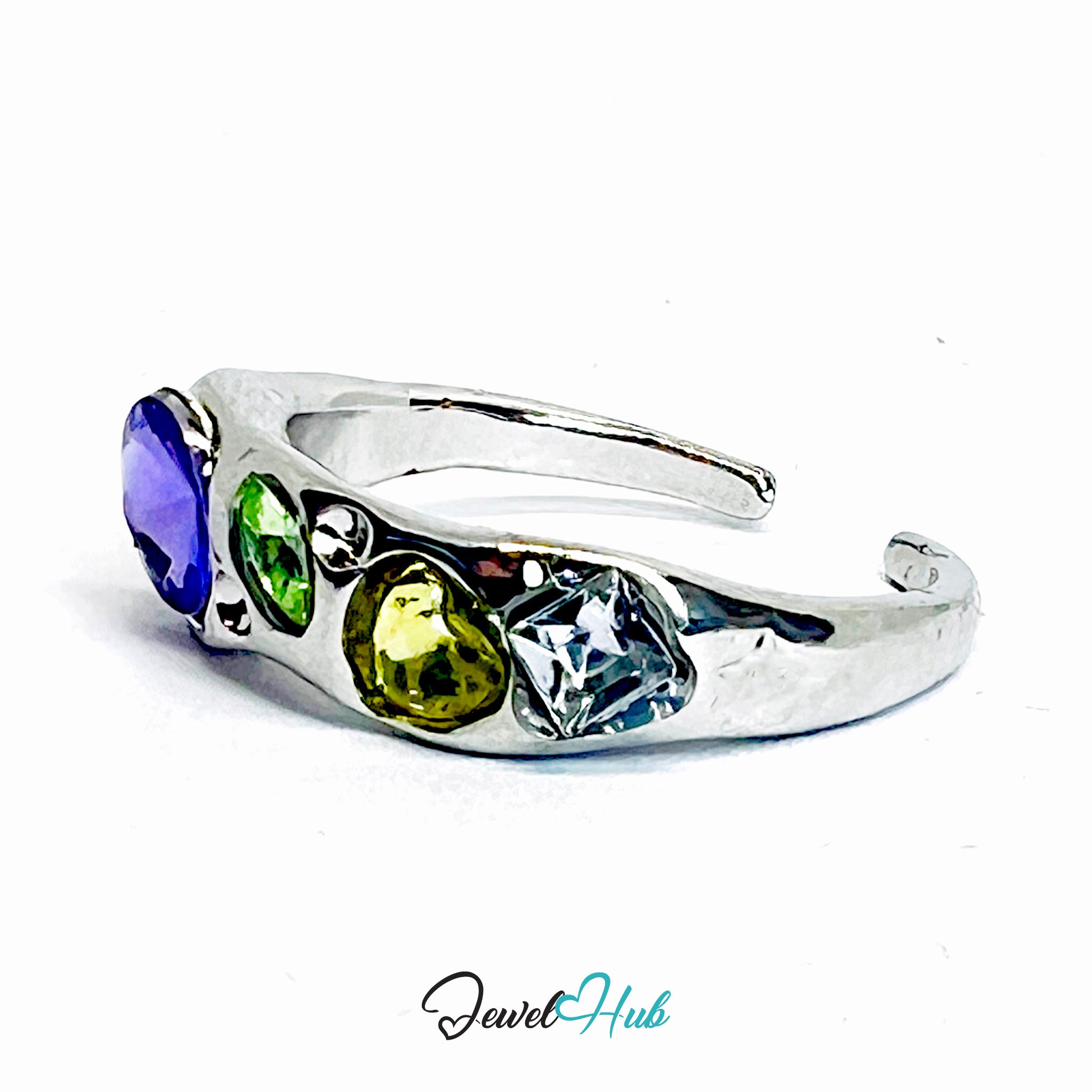 Zinc Alloy Silver‑Plated Crystal Cluster Ring – Purple, Green & Yellow