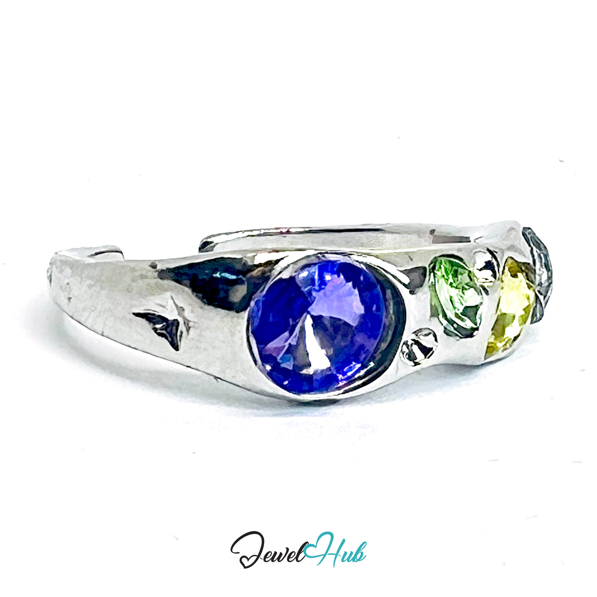 Zinc Alloy Silver‑Plated Crystal Cluster Ring – Purple, Green & Yellow