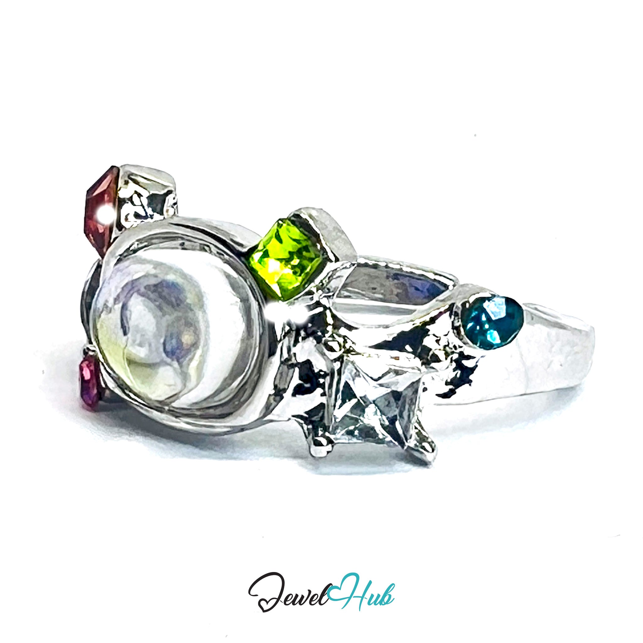 Silver‑Plated Zinc Alloy AB Resin Multicolour Open‑End Ring