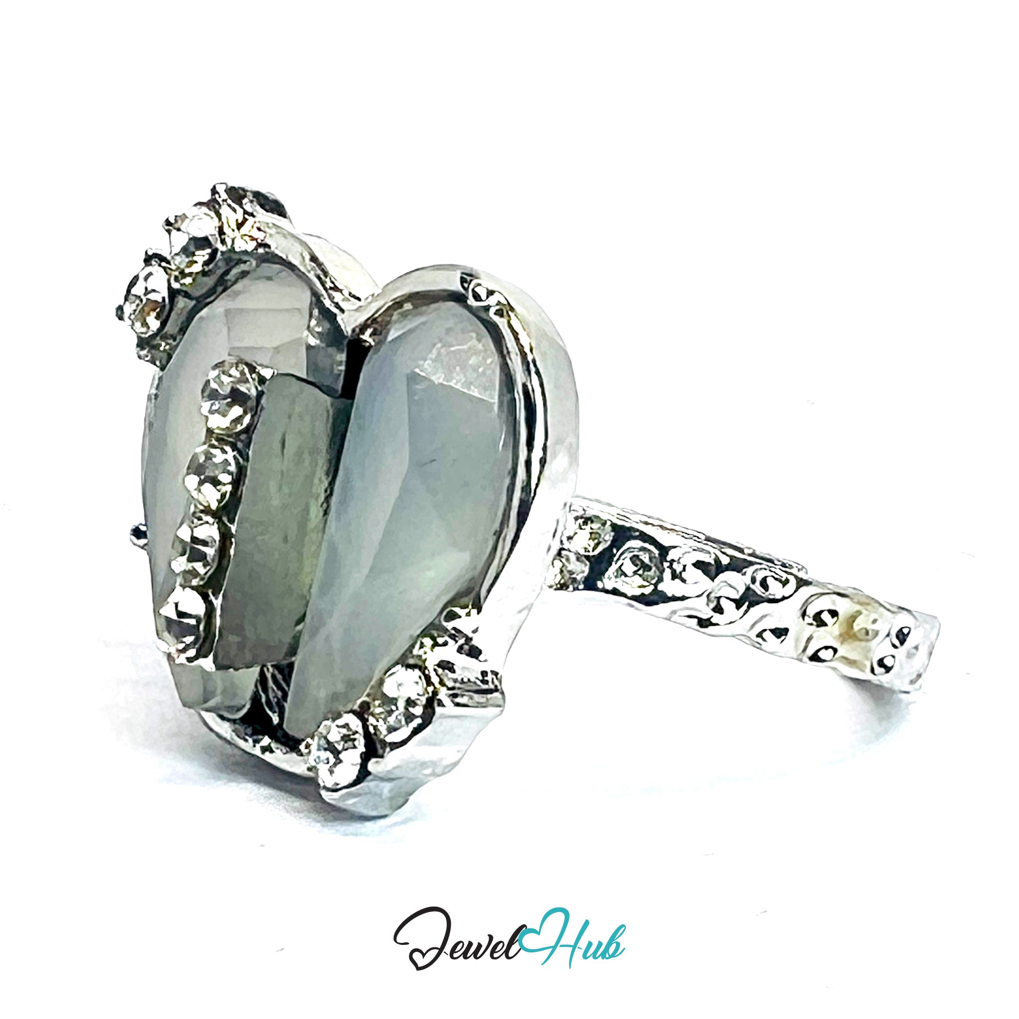 Zinc Alloy Silver‑Plated Pearl‑Effect Heart Zirconia Ring