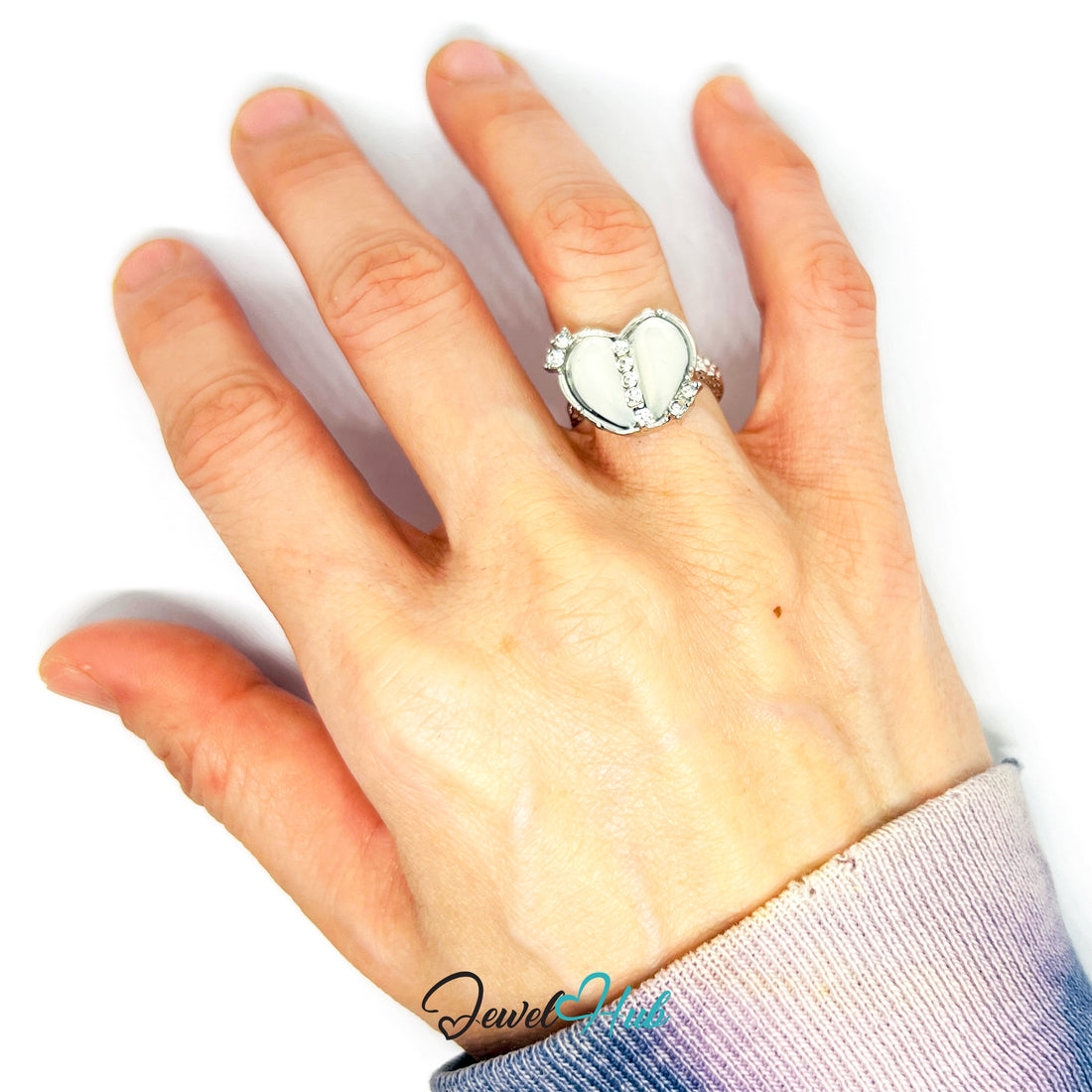 Zinc Alloy Silver‑Plated Pearl‑Effect Heart Zirconia Ring - JewelHub.co.uk