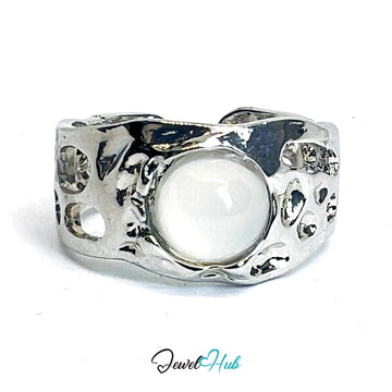 Zinc Alloy Silver‑Plated Amber Resin Geometric Open‑End Ring