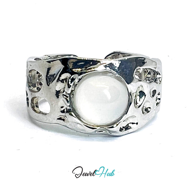 Zinc Alloy Silver‑Plated Amber Resin Geometric Open‑End Ring