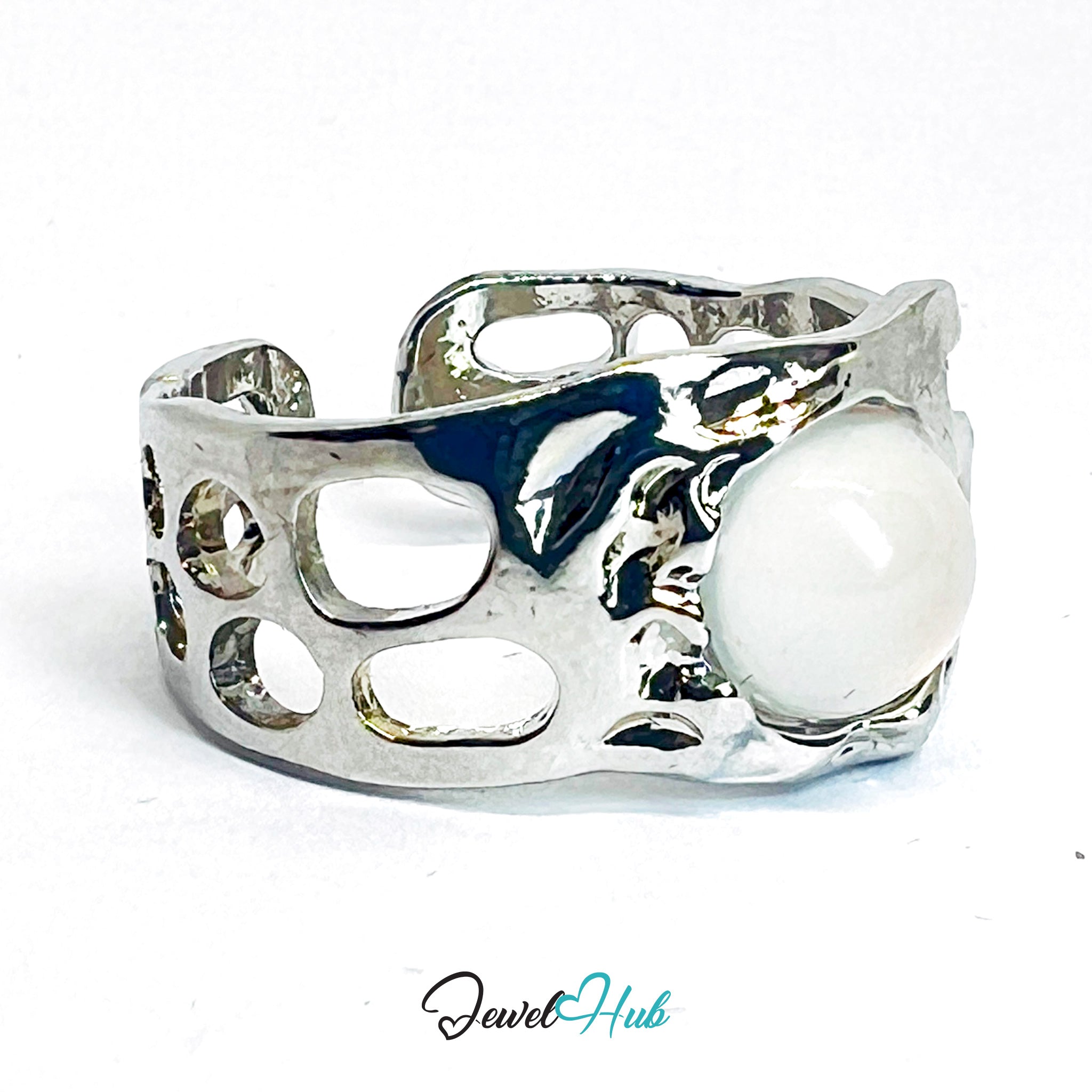 Zinc Alloy Silver‑Plated Amber Resin Geometric Open‑End Ring