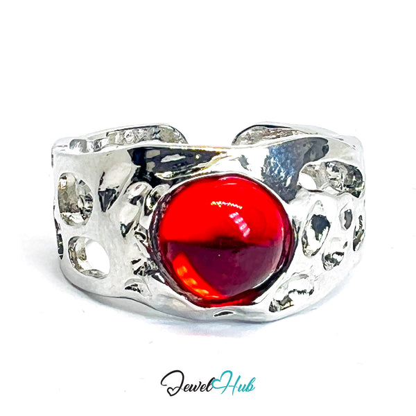 Zinc Alloy Silver‑Plated Red Resin Geometric Open‑End Ring