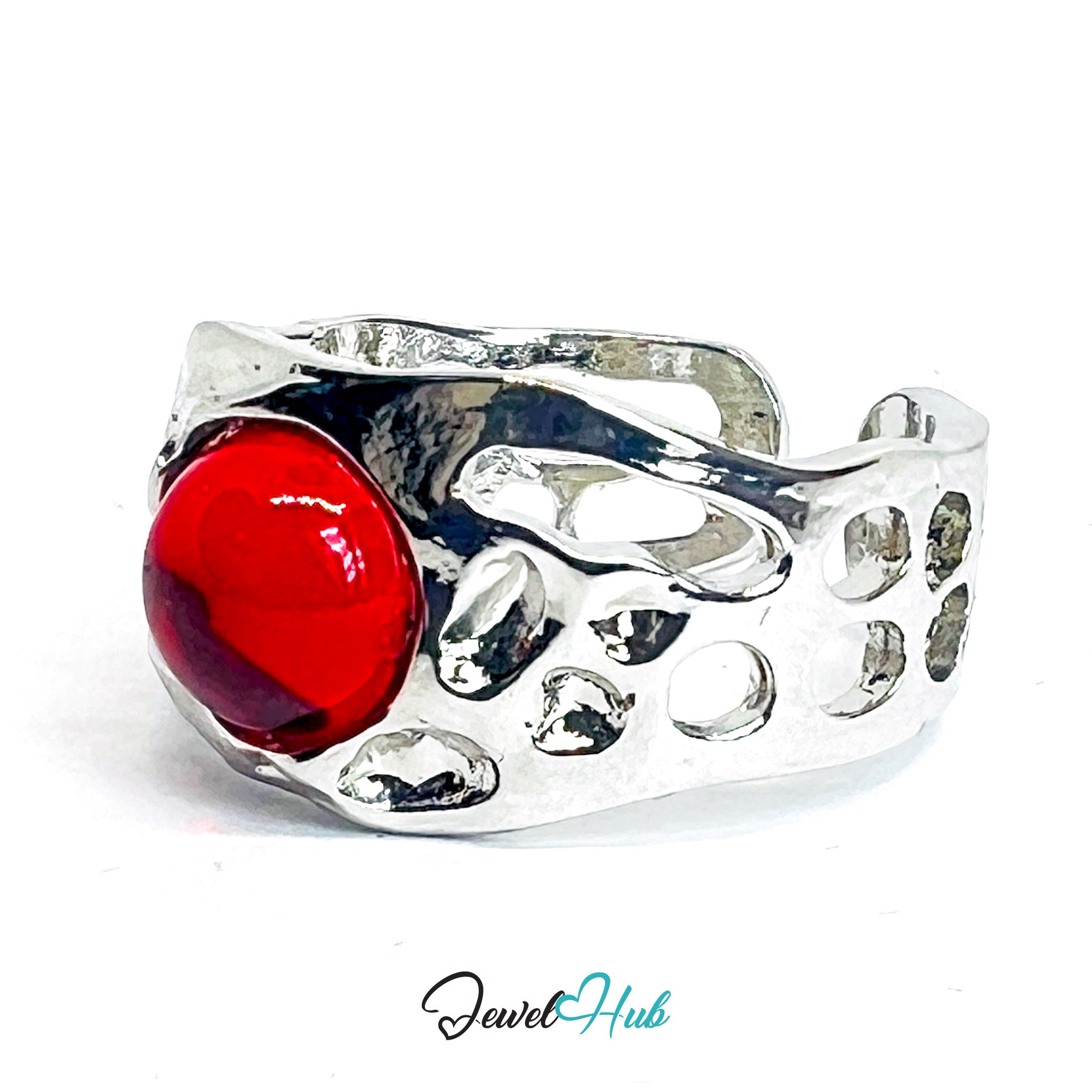 Zinc Alloy Silver‑Plated Red Resin Geometric Open‑End Ring