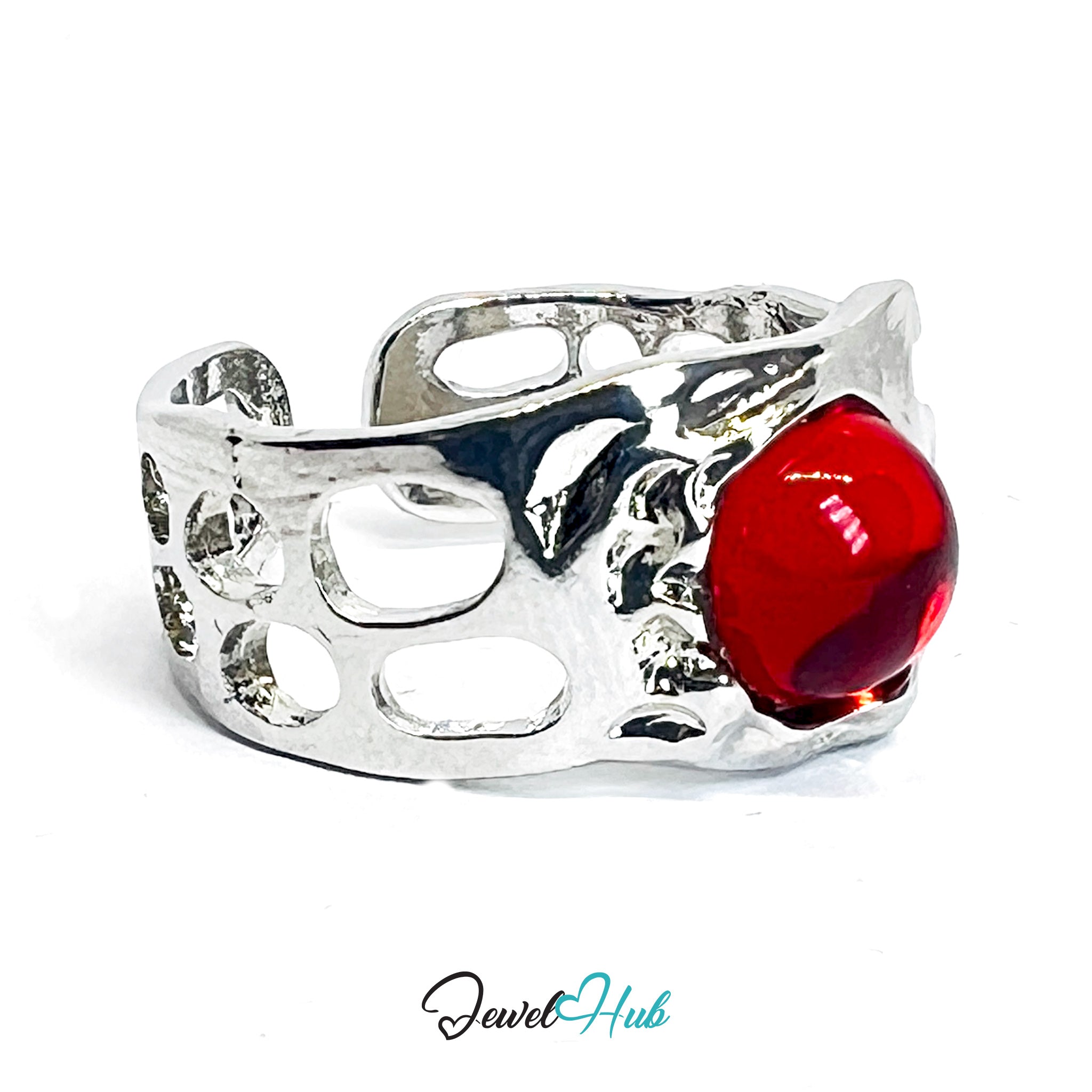 Zinc Alloy Silver‑Plated Red Resin Geometric Open‑End Ring