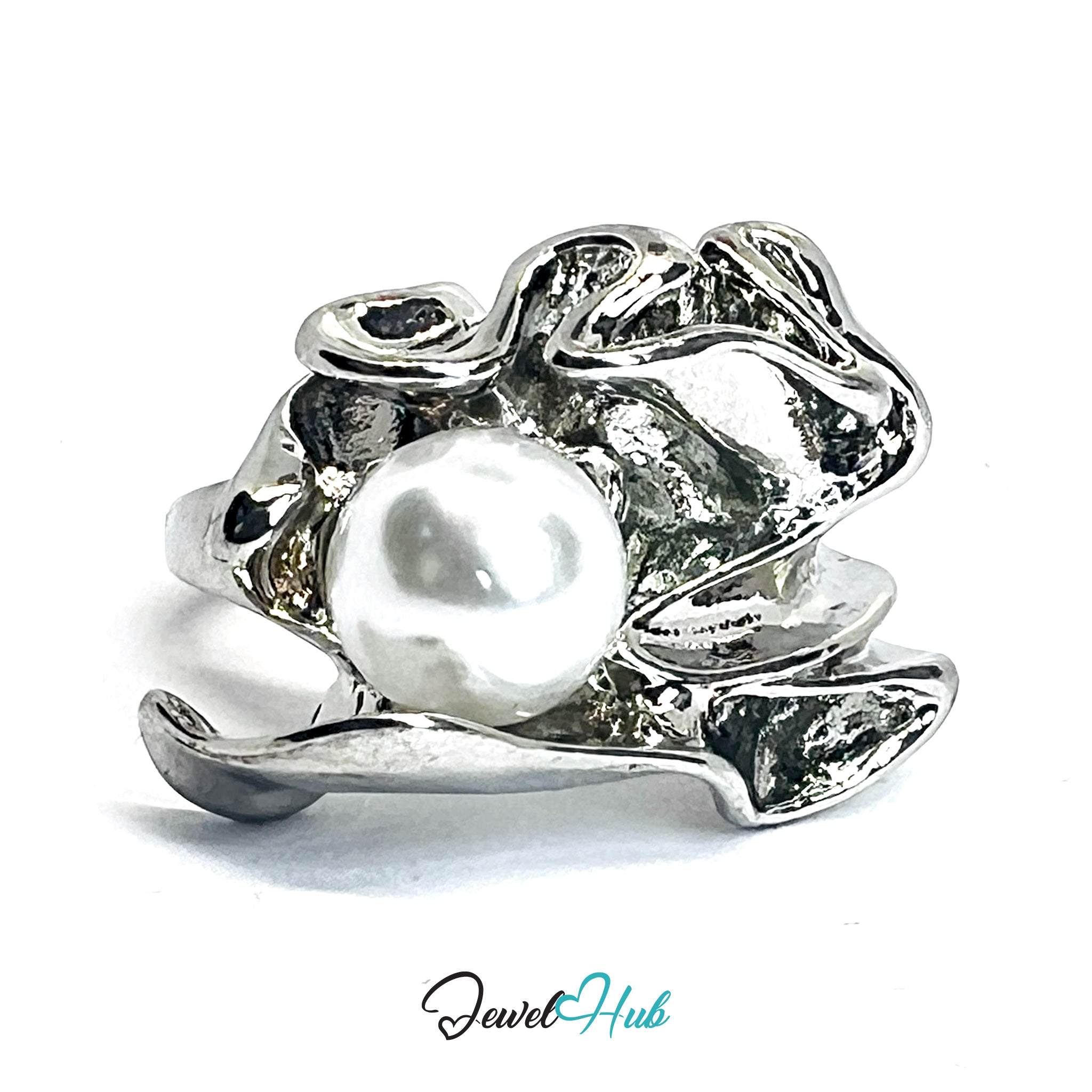 Zinc Alloy Silver‑Plated Sculptural Pearl Accent Ring