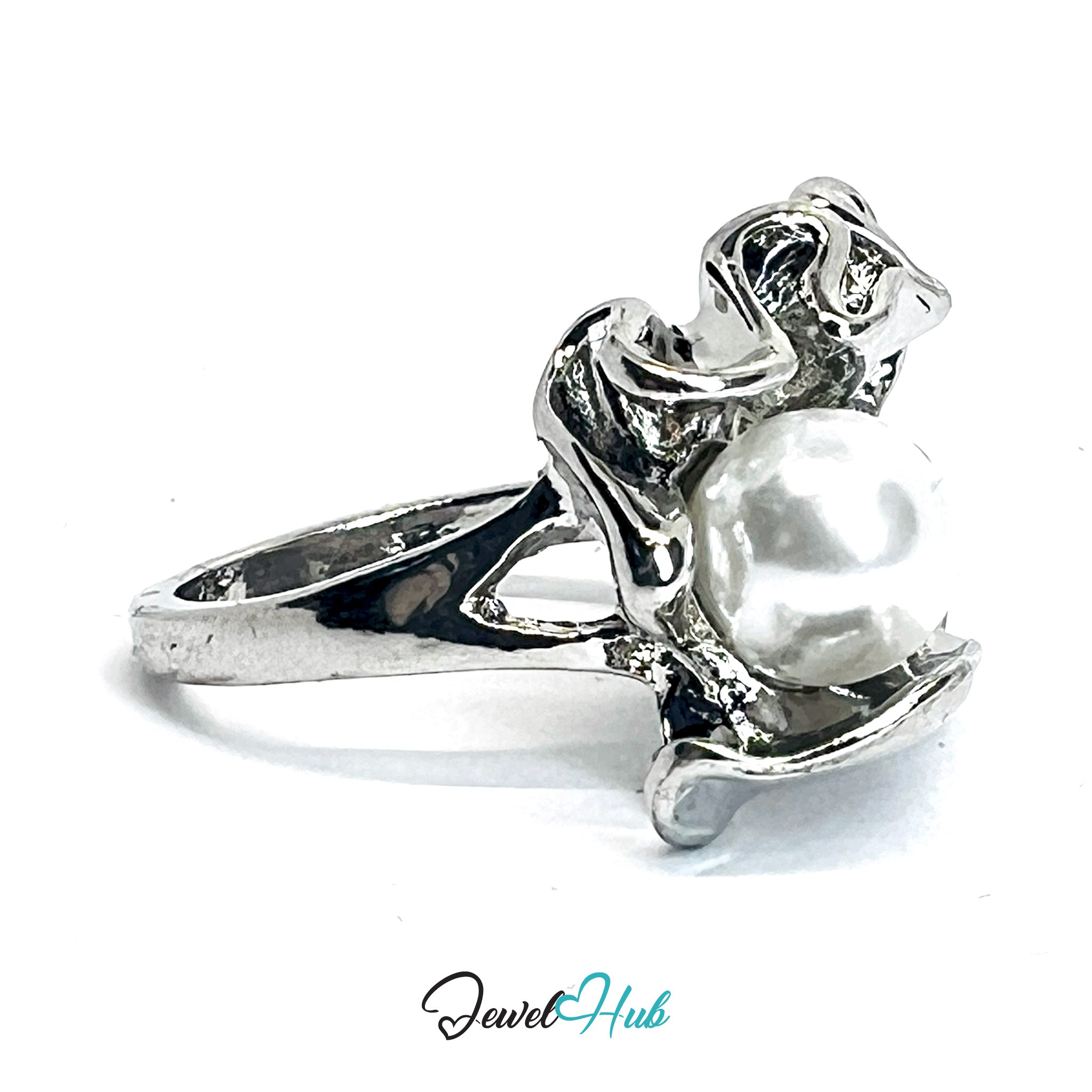 Zinc Alloy Silver‑Plated Sculptural Pearl Accent Ring