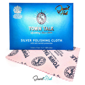 A blue Town Talk polishing cloth box placed above a pink polishing cloth with black printed branding, on a white background. The Jewel Hub logo appears at the top right and bottom center.