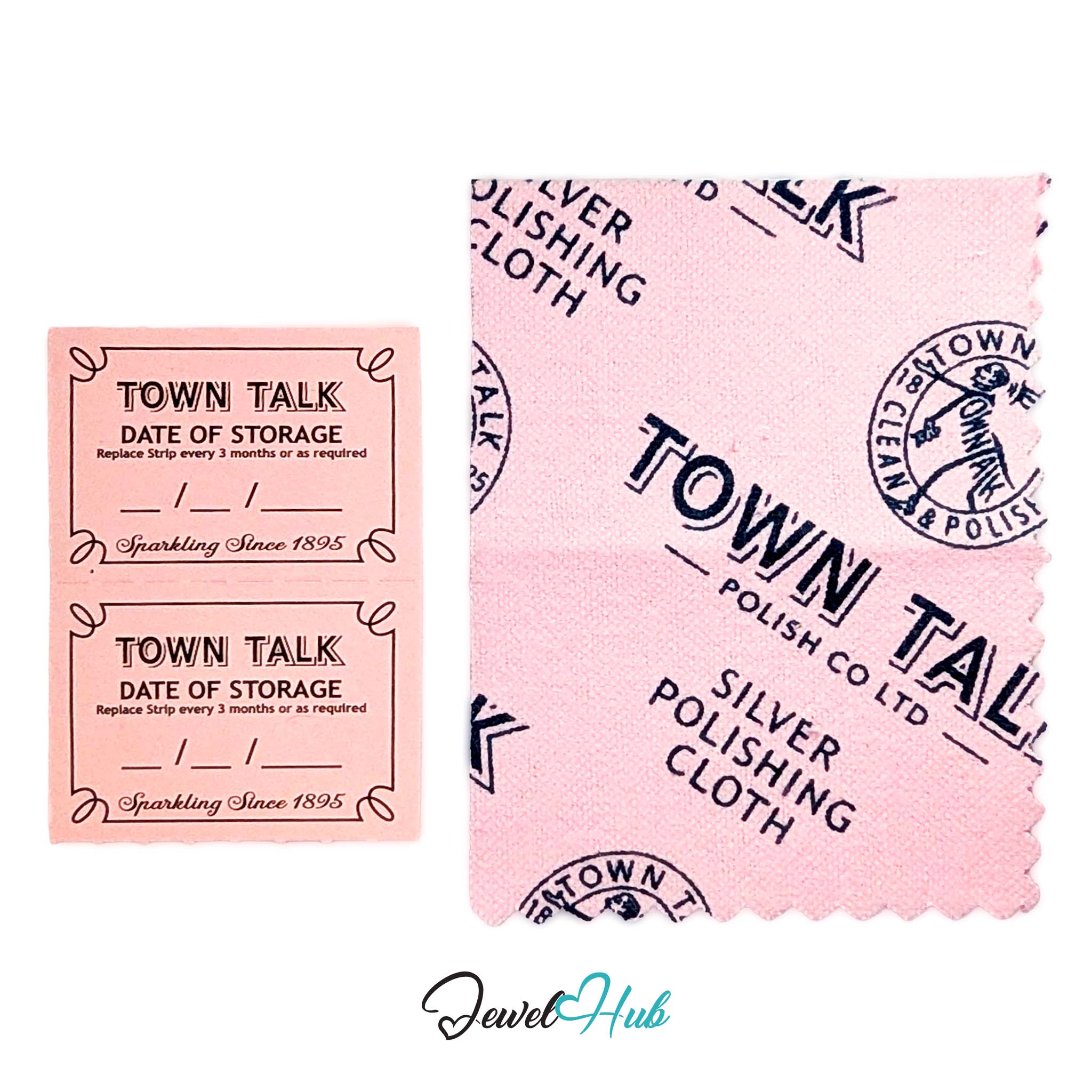A pink polishing cloth and two matching replacement date-of-storage card labels from Town Talk Polish Co Ltd, displayed on a white background with a JewelHub watermark.