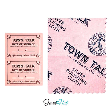 A pink polishing cloth and two matching replacement date-of-storage card labels from Town Talk Polish Co Ltd, displayed on a white background with a JewelHub watermark.