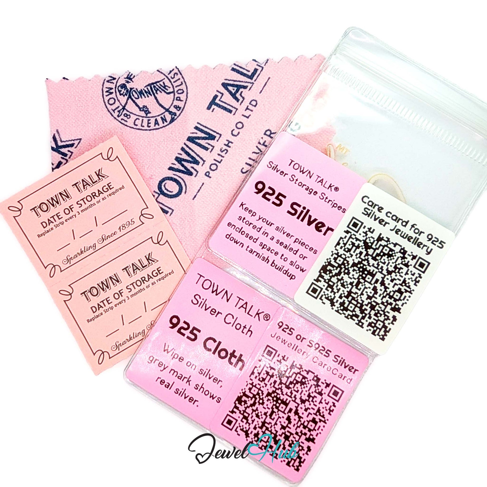 A jewelry cleaning and storage kit from Town Talk, including a pink microfiber cloth, two pink storage cards, a clear zip pouch, and a small cleaning brush, all arranged on a white background.