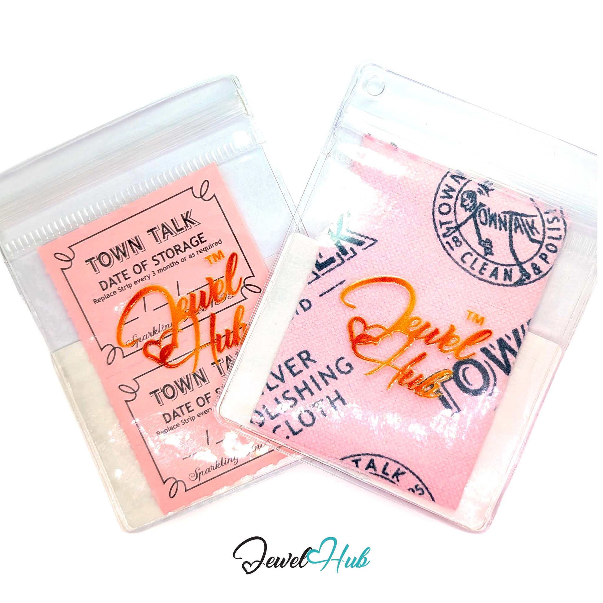 Two clear zip-top pouches containing pink branded jewelry storage cards or packets with the brand name 'Jewel Hub' in orange script. One pouch shows a pink card reading 'TOWN TALK DATE OF STORAGE,' and the other shows a pink cloth-like packet with a dark stamp-style logo.