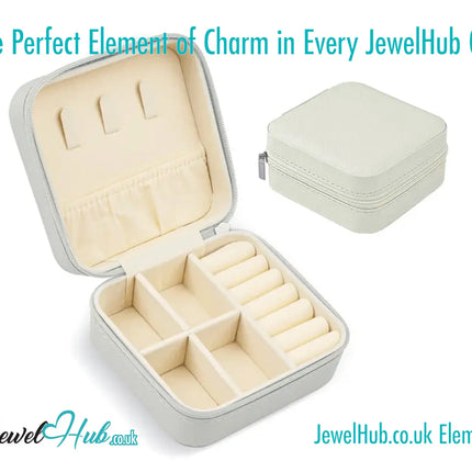 White Faux Leather Travel Jewelry Box — Velvet Interior · Compact Organizer · Zipper Closure CT