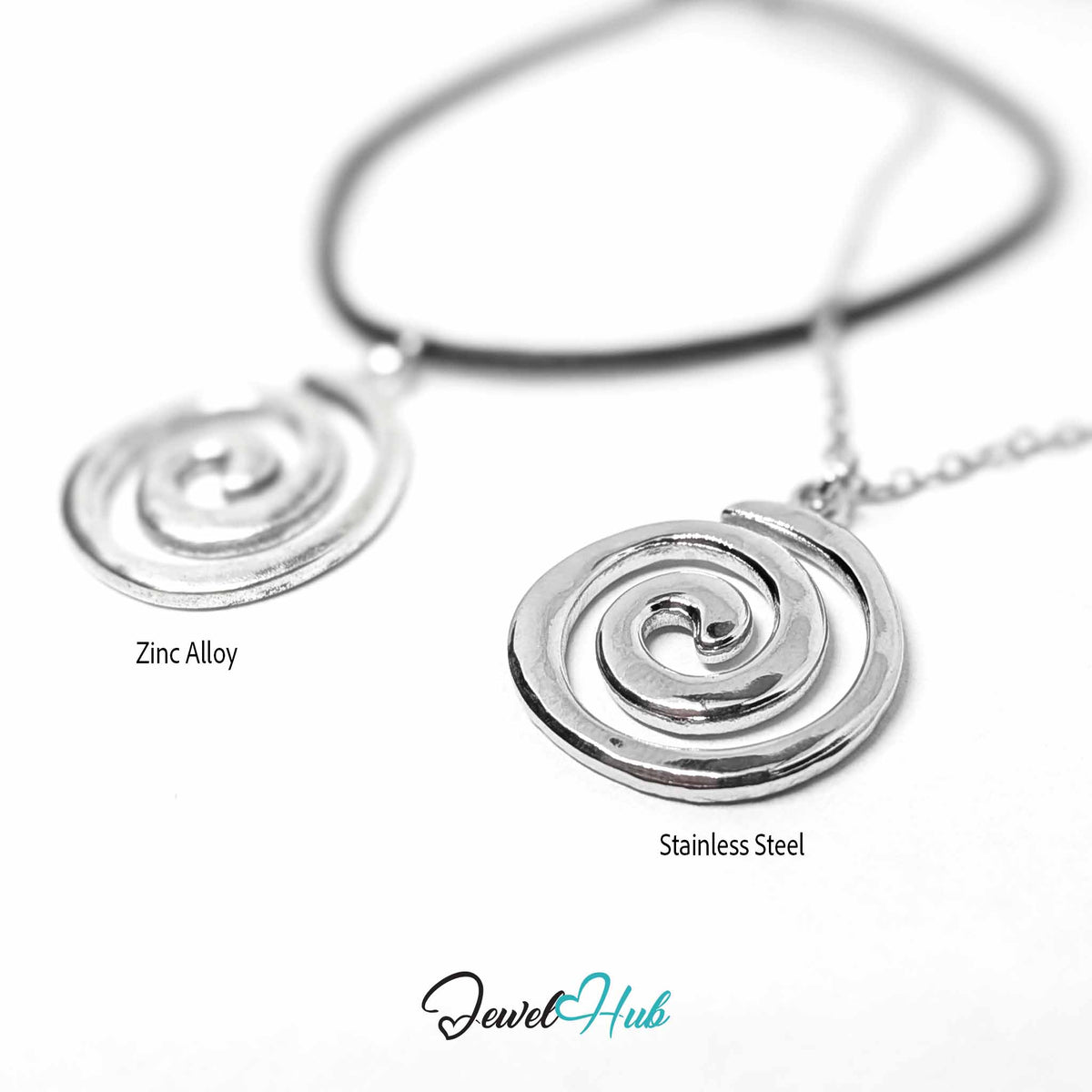 Two spiral pendant necklaces on a white background, one labeled 'Zinc Alloy' and the other 'Stainless Steel', with the brand name 'JewelHub' at the bottom.