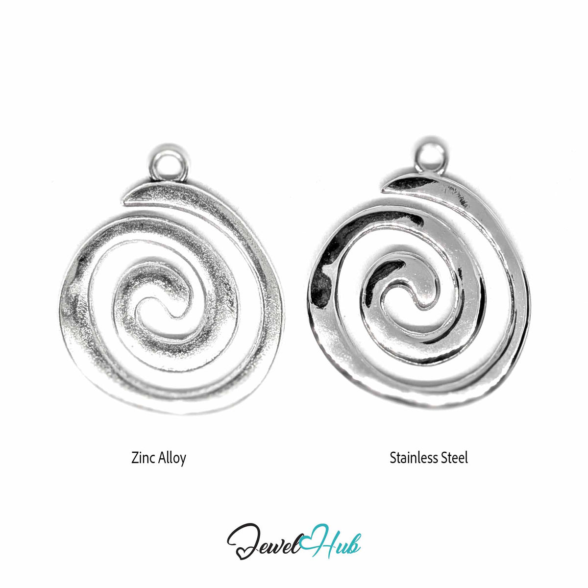 Two spiral-shaped jewelry pendants shown side by side on a white background, labeled 'Zinc Alloy' and 'Stainless Steel,' with the JewelHub logo below.