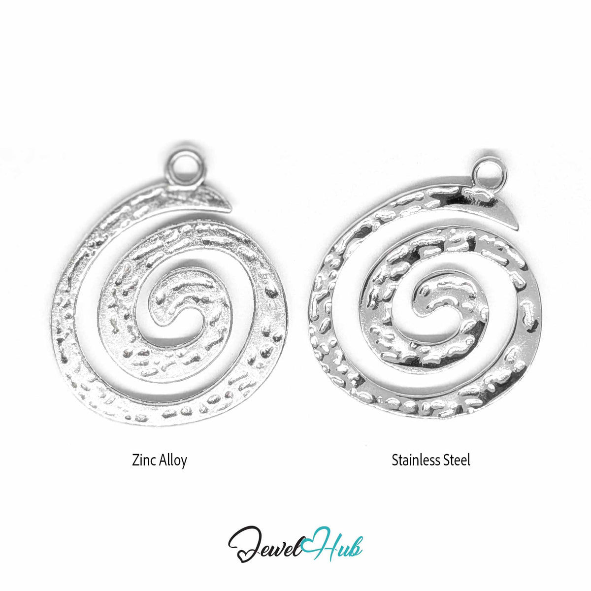 Two spiral-shaped jewelry charms shown side by side on a white background, labeled 'Zinc Alloy' and 'Stainless Steel,' with a 'JewelHub' logo below.